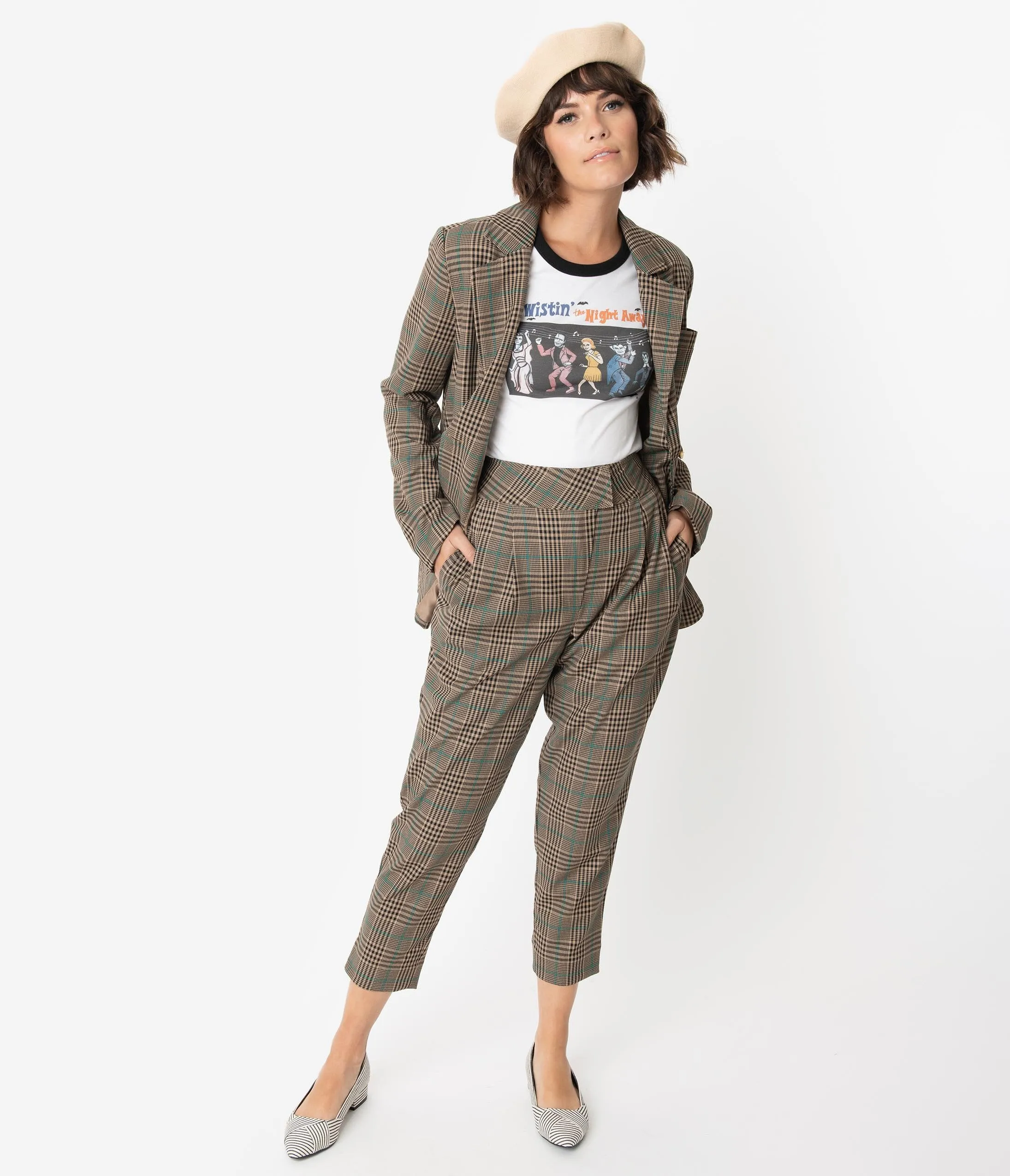 Retro Style Tan Plaid High Waist Capri Pants