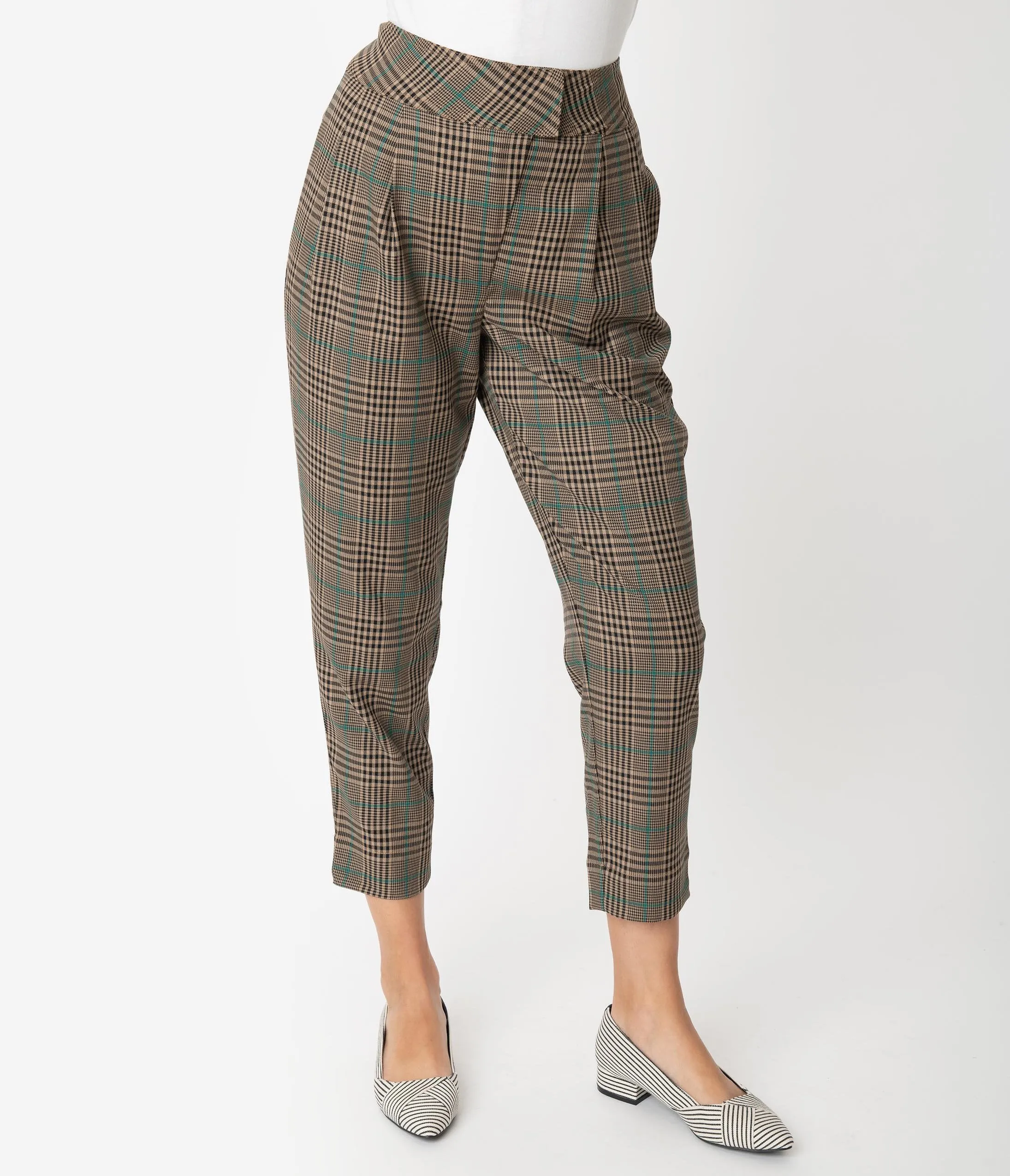 Retro Style Tan Plaid High Waist Capri Pants