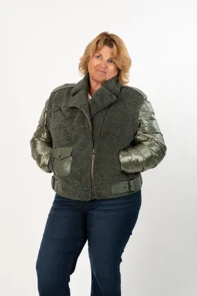 Rippe's Furs Metallic Curly Sheepskin Jacket with Detachable Sleeves - Khaki Green