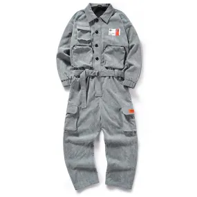 Safari Style Embroidery Patchwork Corduroy Jumpsuit