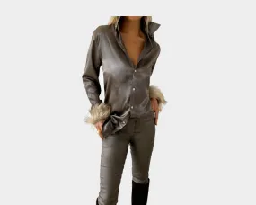 Sand Dust Taupe long Sleeve Dress Shirt Faux Fur Sleeves - The St. Moritz