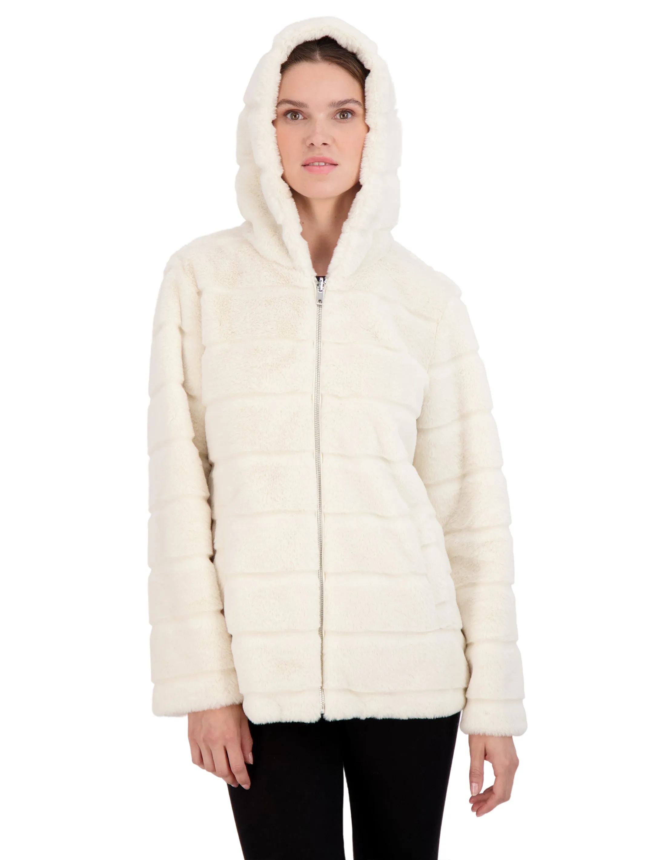 Sebby Collection Women's Hooded Grooved Faux Fur Zip Front Coat