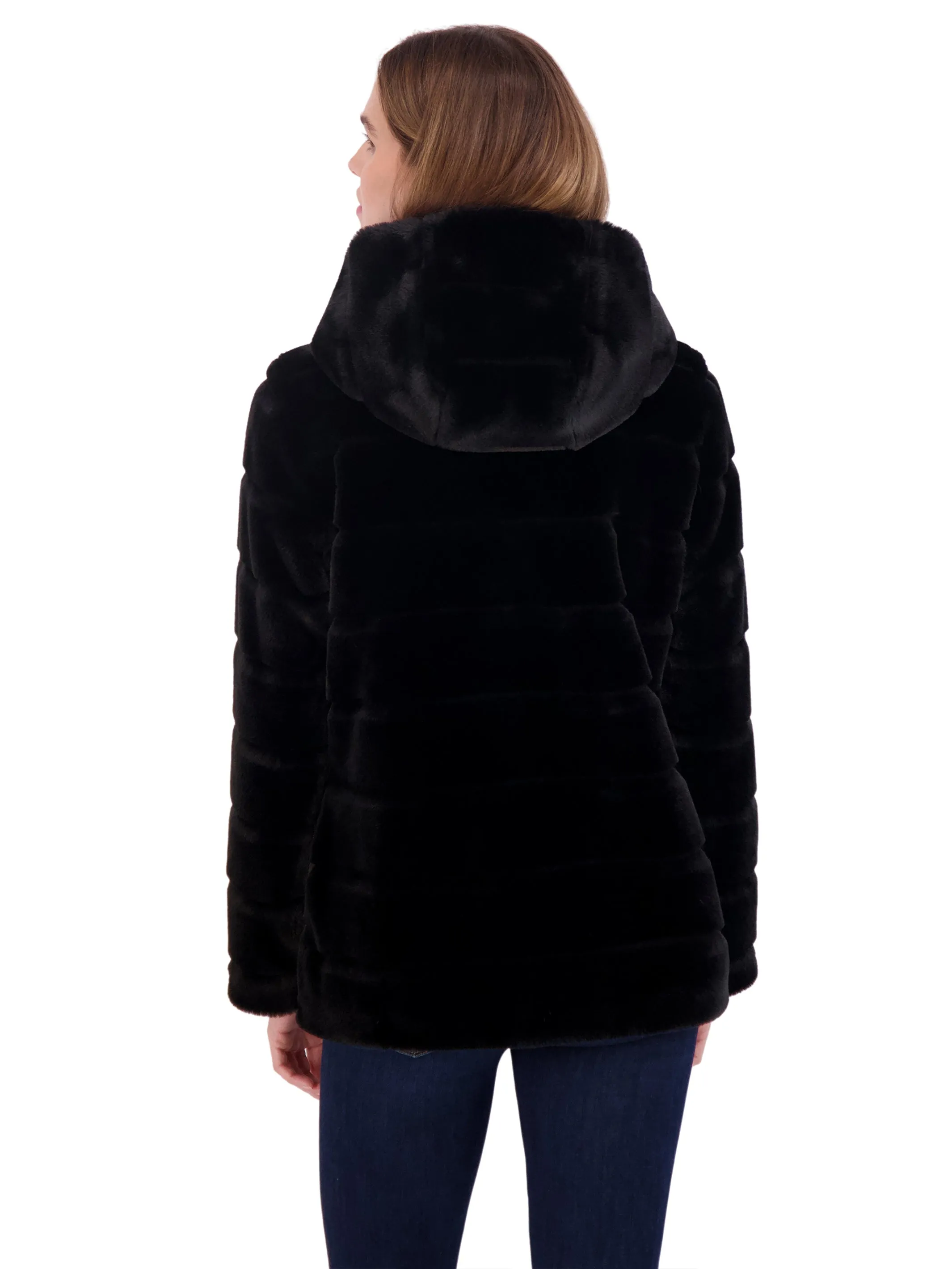 Sebby Collection Women's Hooded Grooved Faux Fur Zip Front Coat