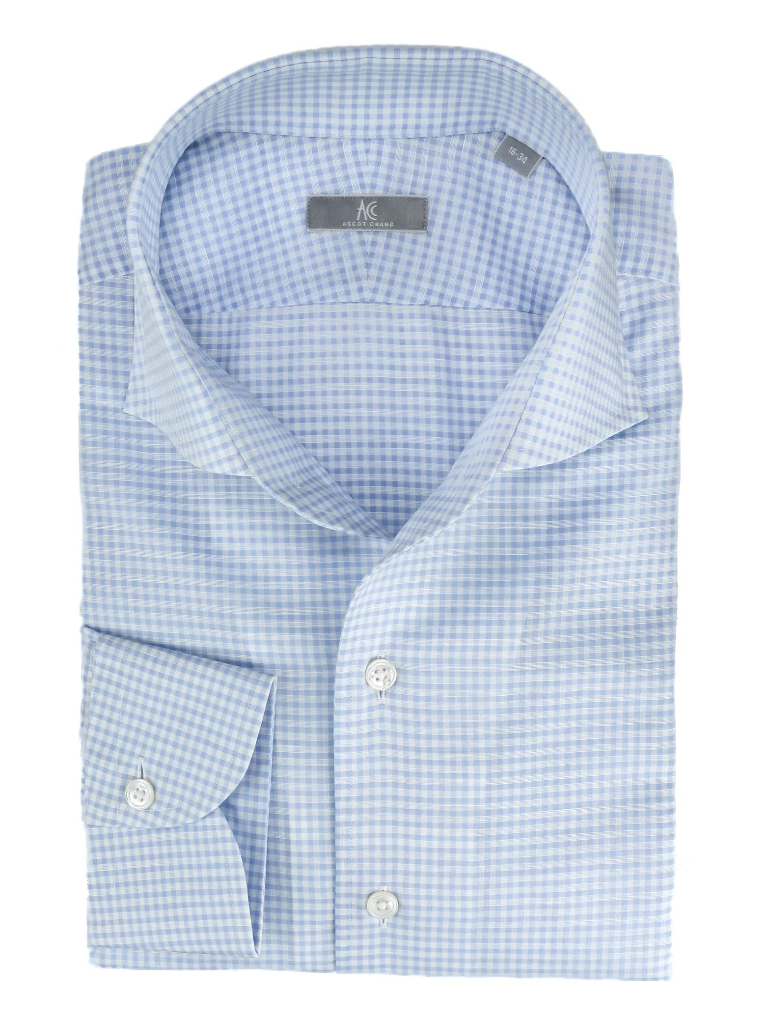 Sky Blue Check Cotton Linen "Ascot Collar" Shirt