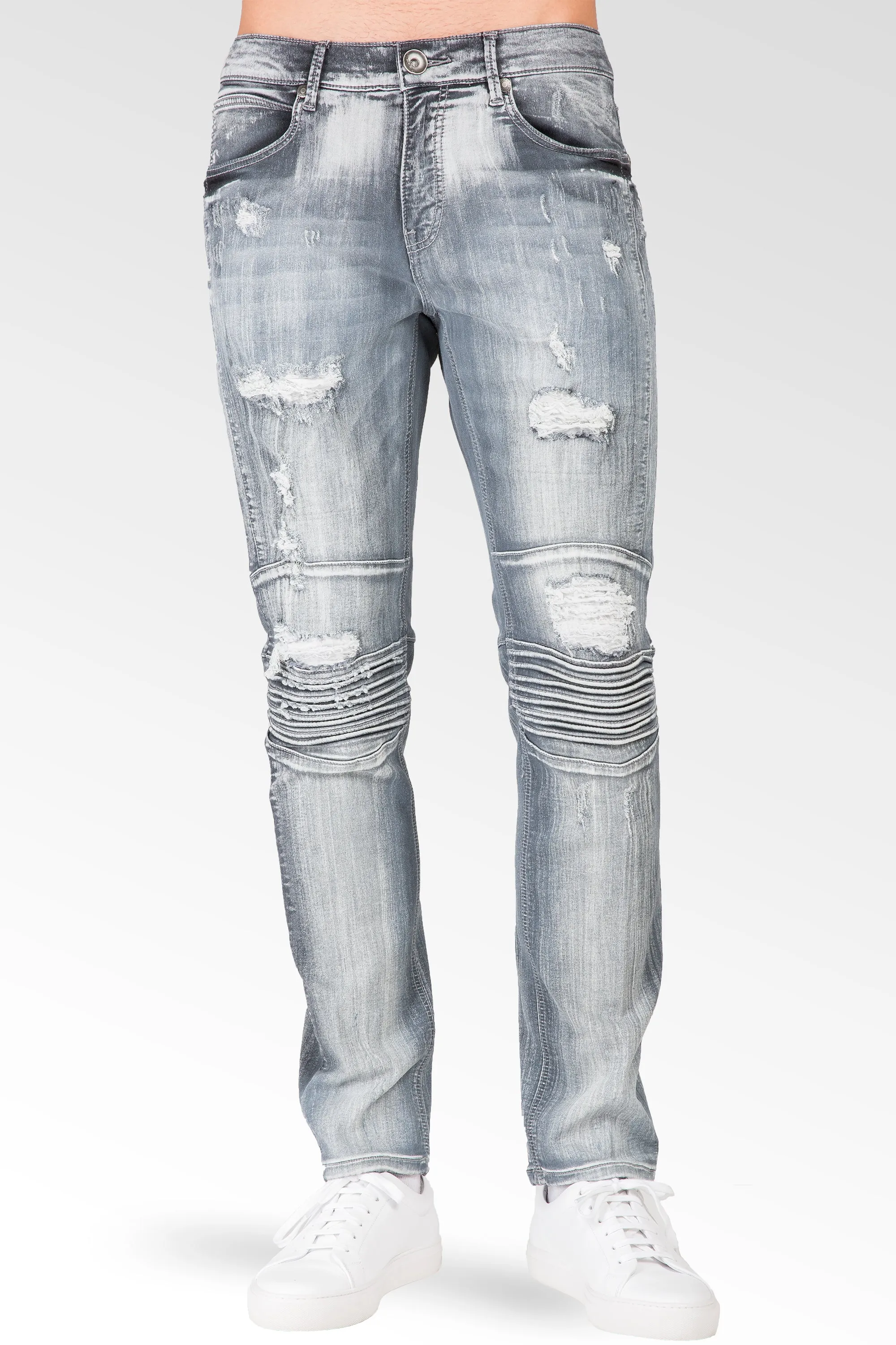 Slim Tapered Leg Premium Knit Denim Destroyed & Mended Moto Jeans Bleached Gray