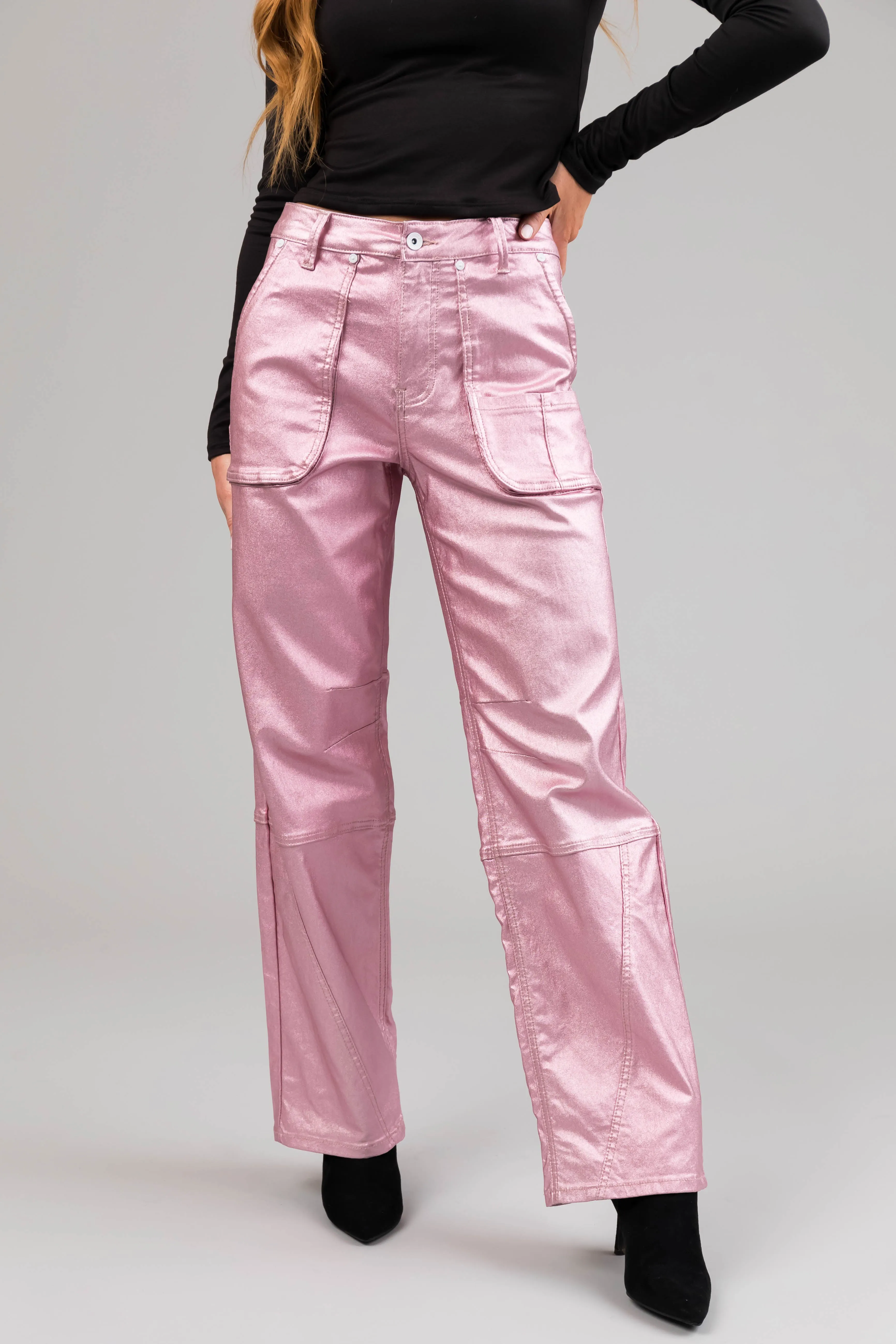 Special A Baby Pink Metallic Cargo Jeans