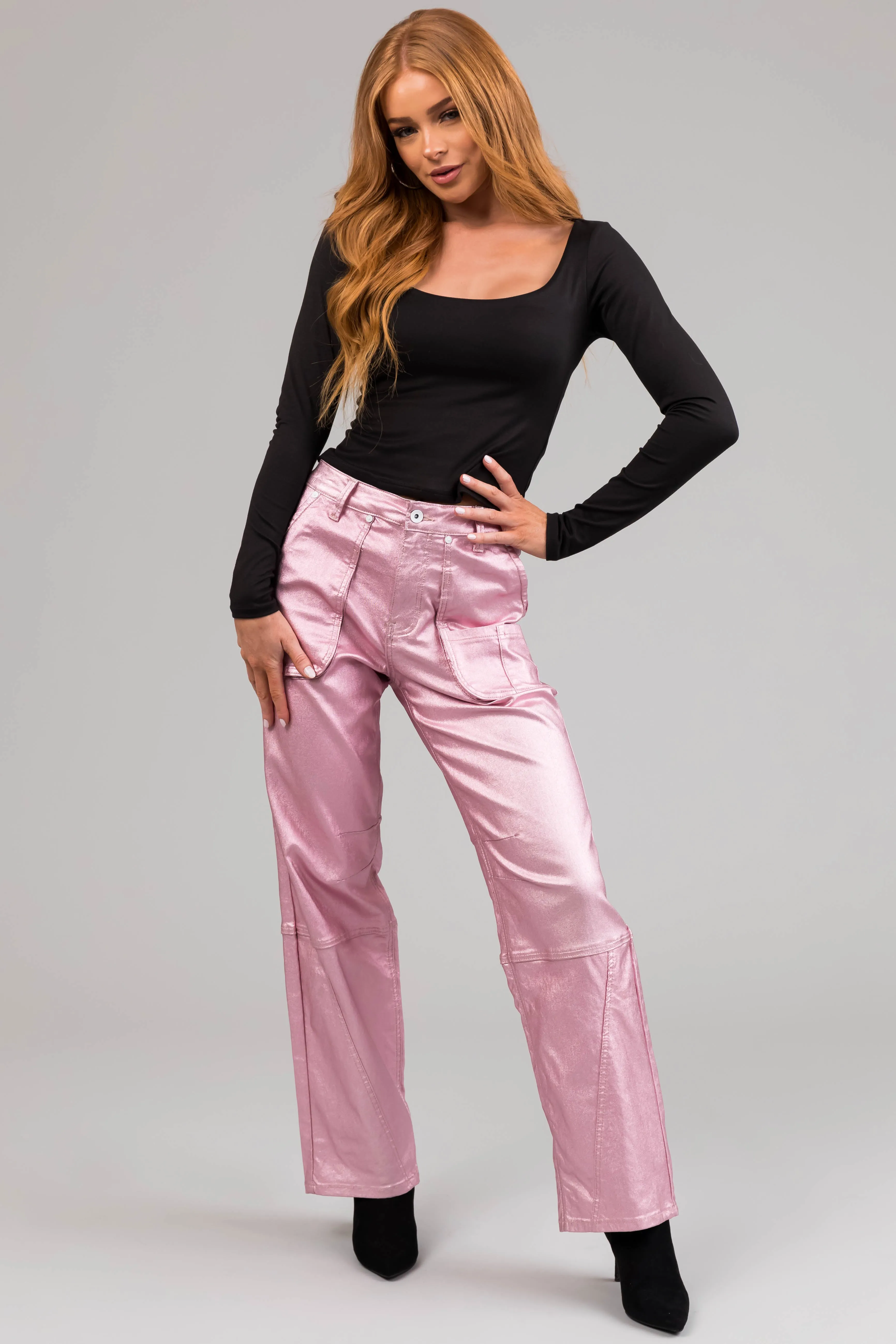 Special A Baby Pink Metallic Cargo Jeans