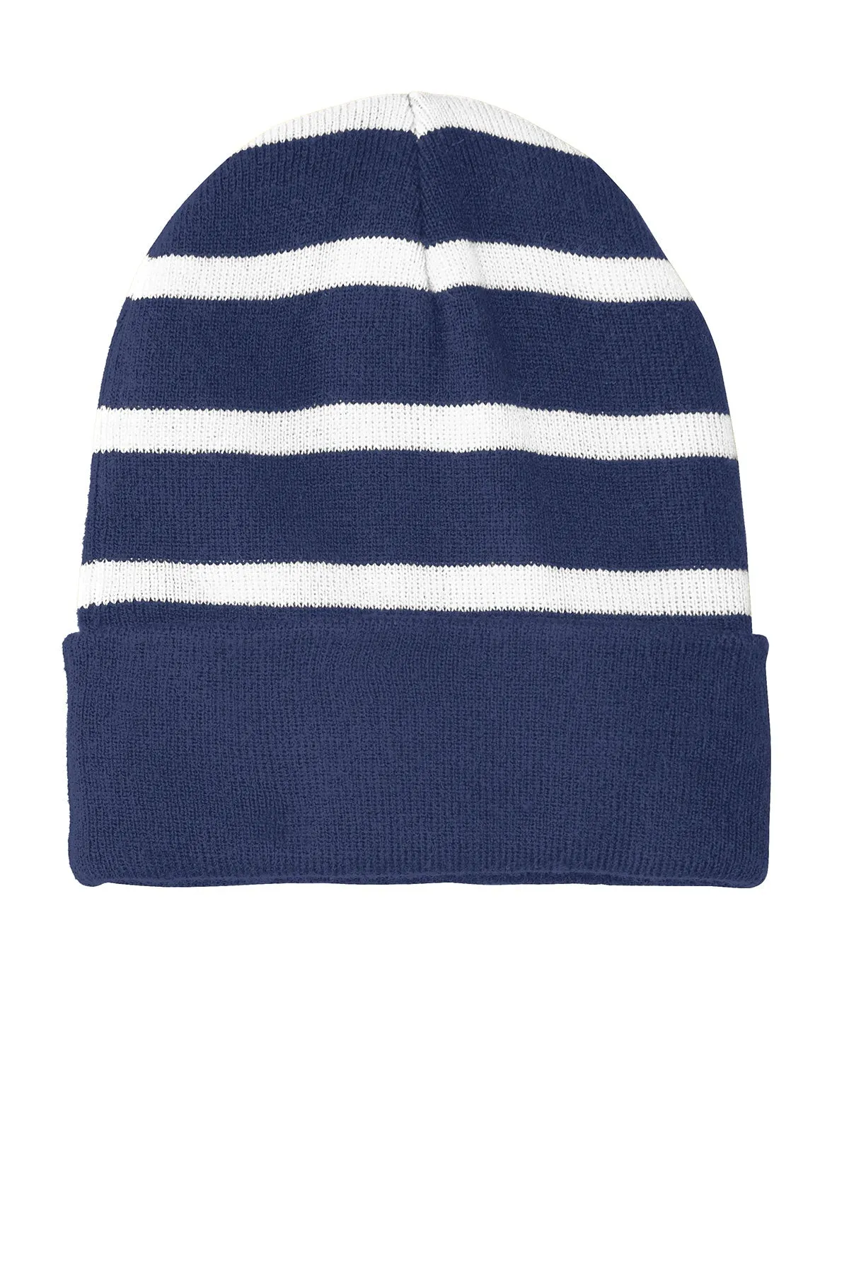 Sport-Tek Striped Branded Beanies with Solid Band, True Navy/ White