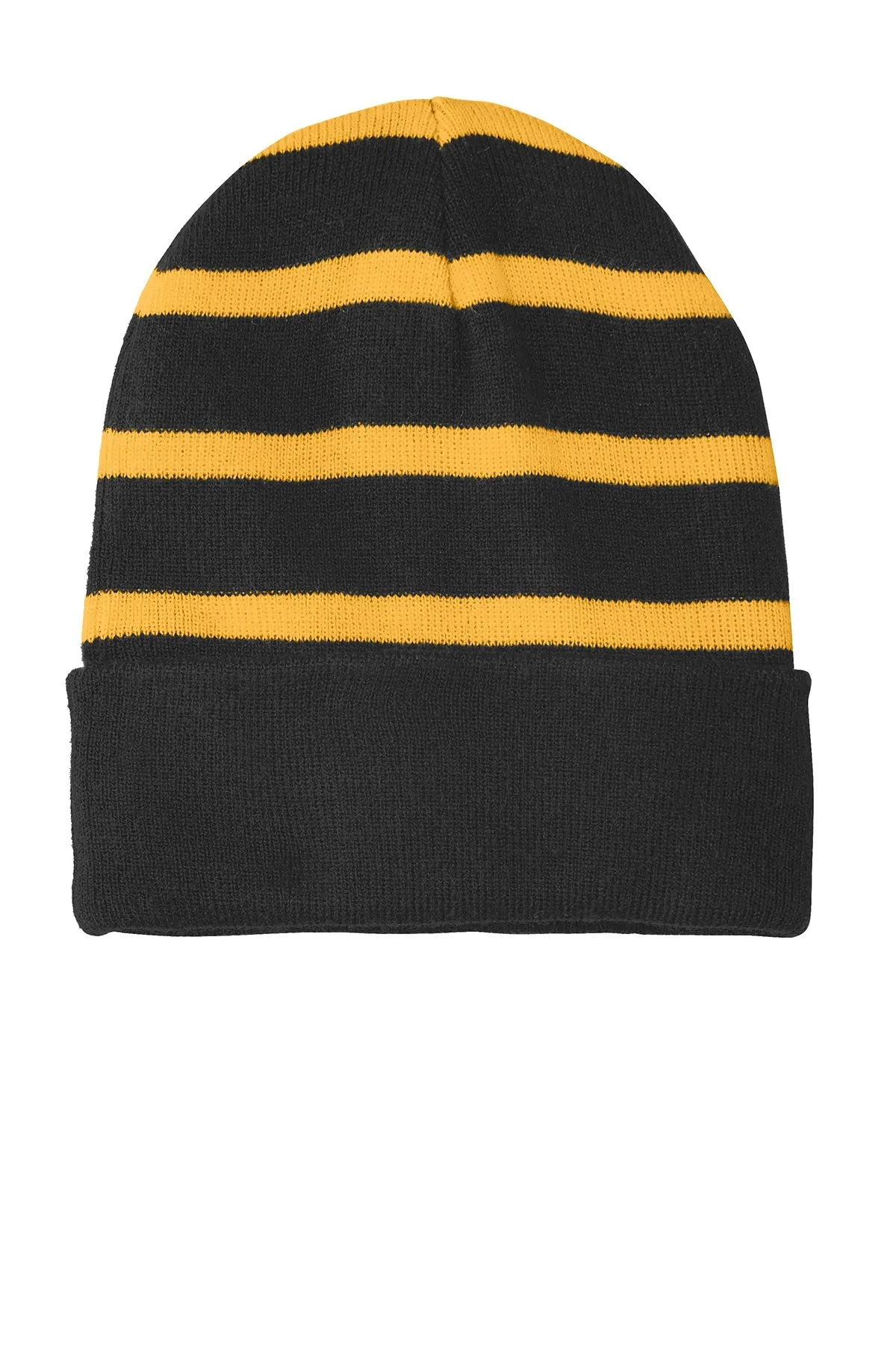 Sport-Tek Striped Custom Beanies with Solid Band, Black/ Gold