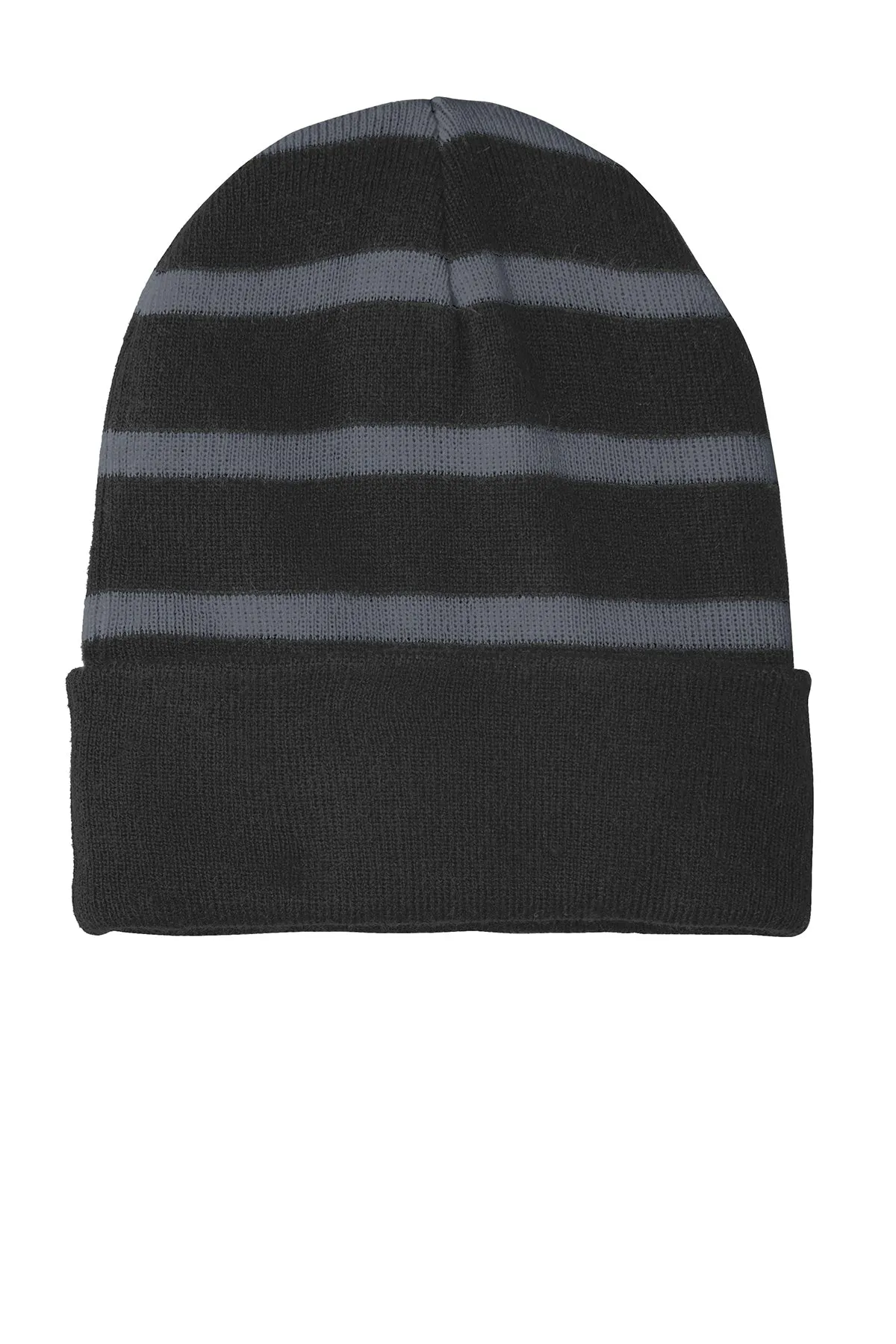 Sport-Tek Striped Custom Beanies with Solid Band, Black/ Iron Grey