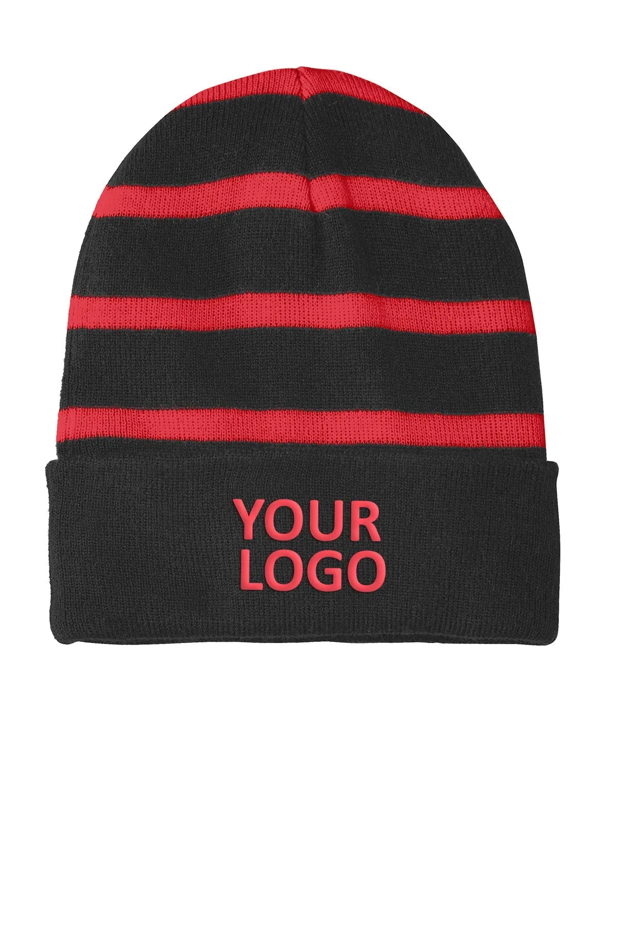 Sport-Tek Striped Custom Beanies with Solid Band, Black/ True Red