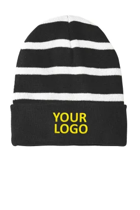 Sport-Tek Striped Customized Beanies with Solid Band, Black/ White