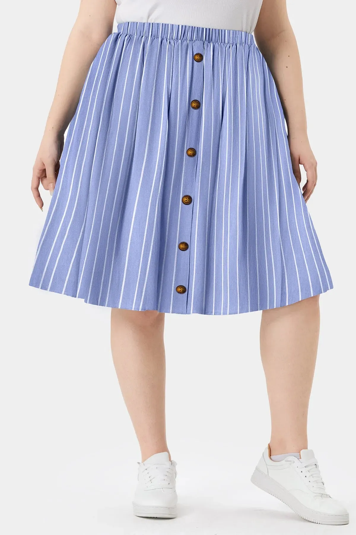 Striped Elastic Waist Pleated Button Mini Skirt