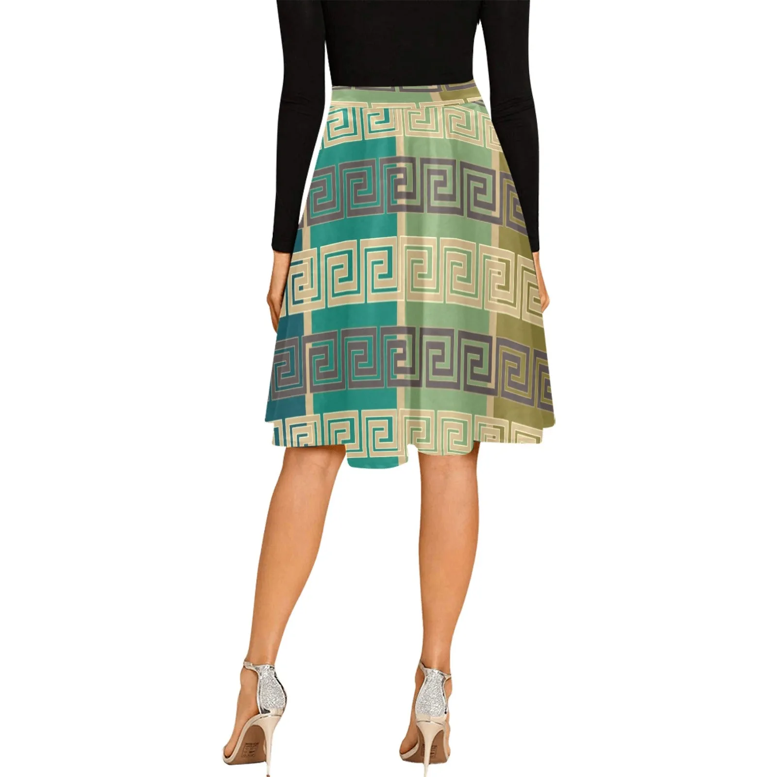 striped greek key print Melete Pleated Midi Skirt (Model D15)