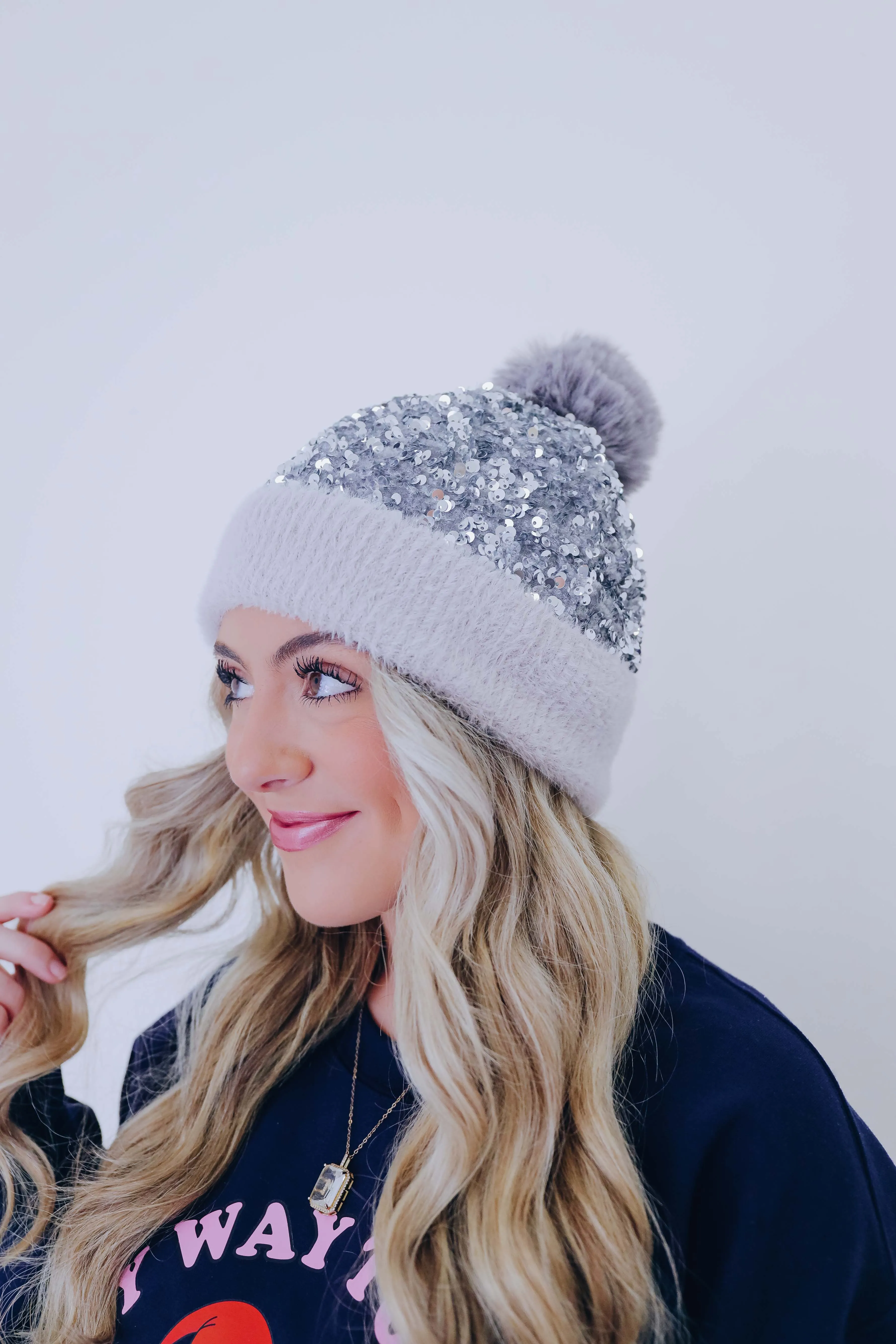 Suzie Sequin Pom Beanie - Silver