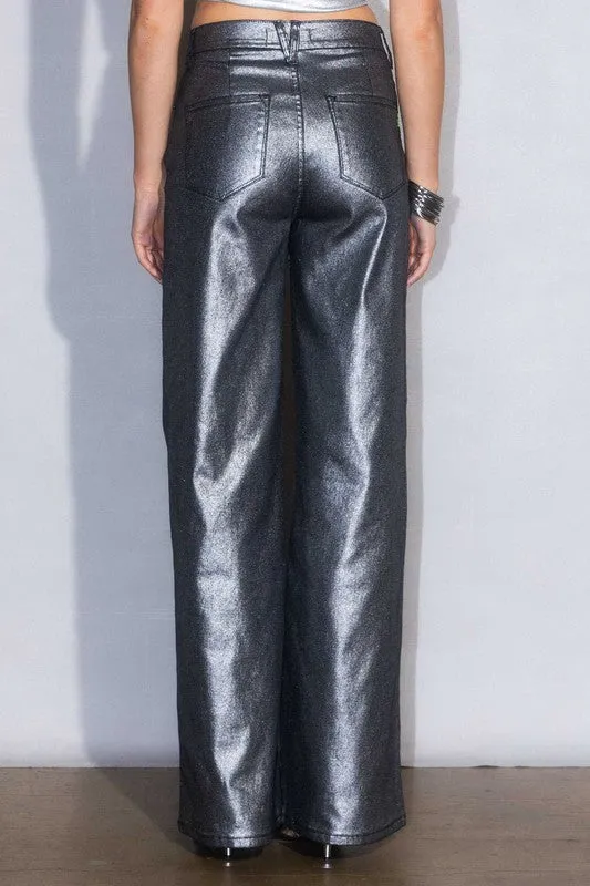 TEEK - Silver Metallic High Rise Wide Jeans