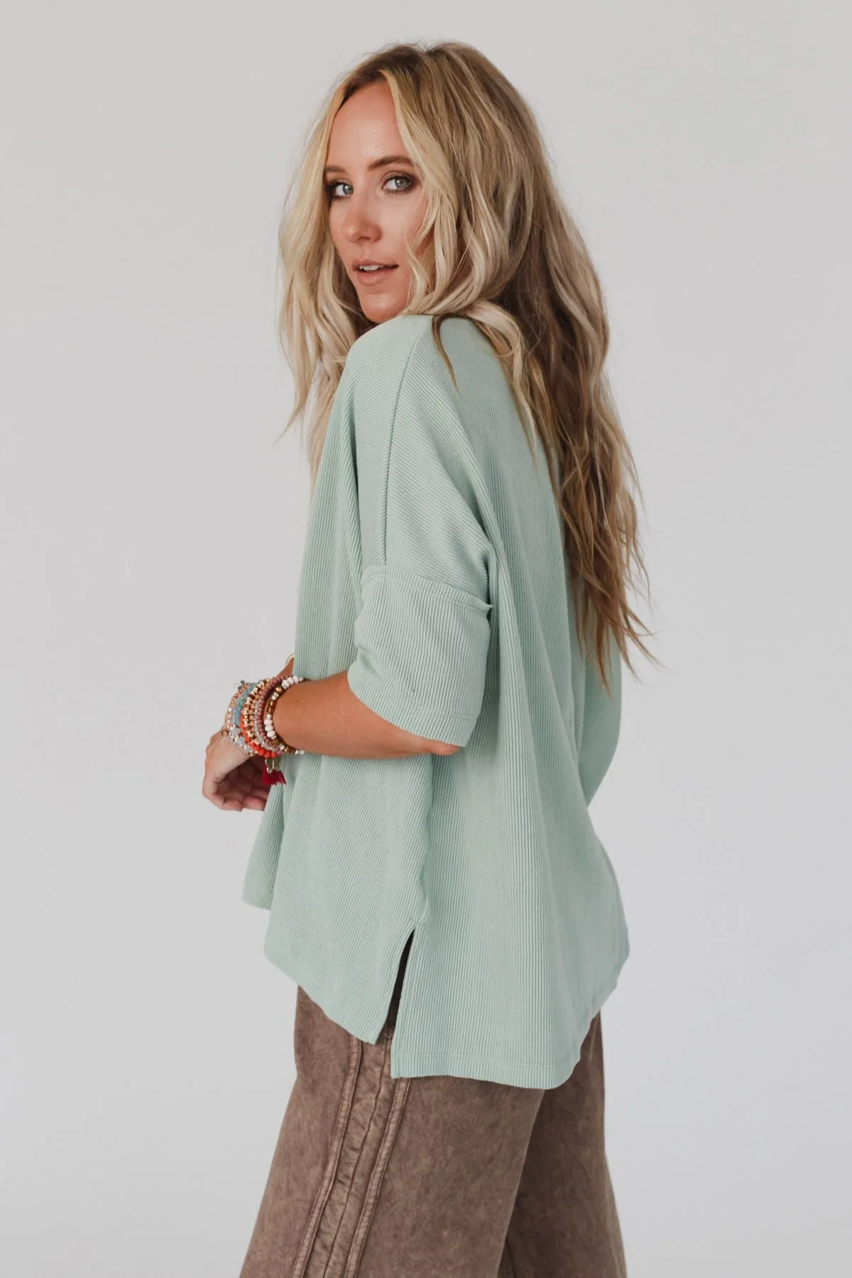 The Nest On The Go V Neck Ribbed Essential Tee - Sage