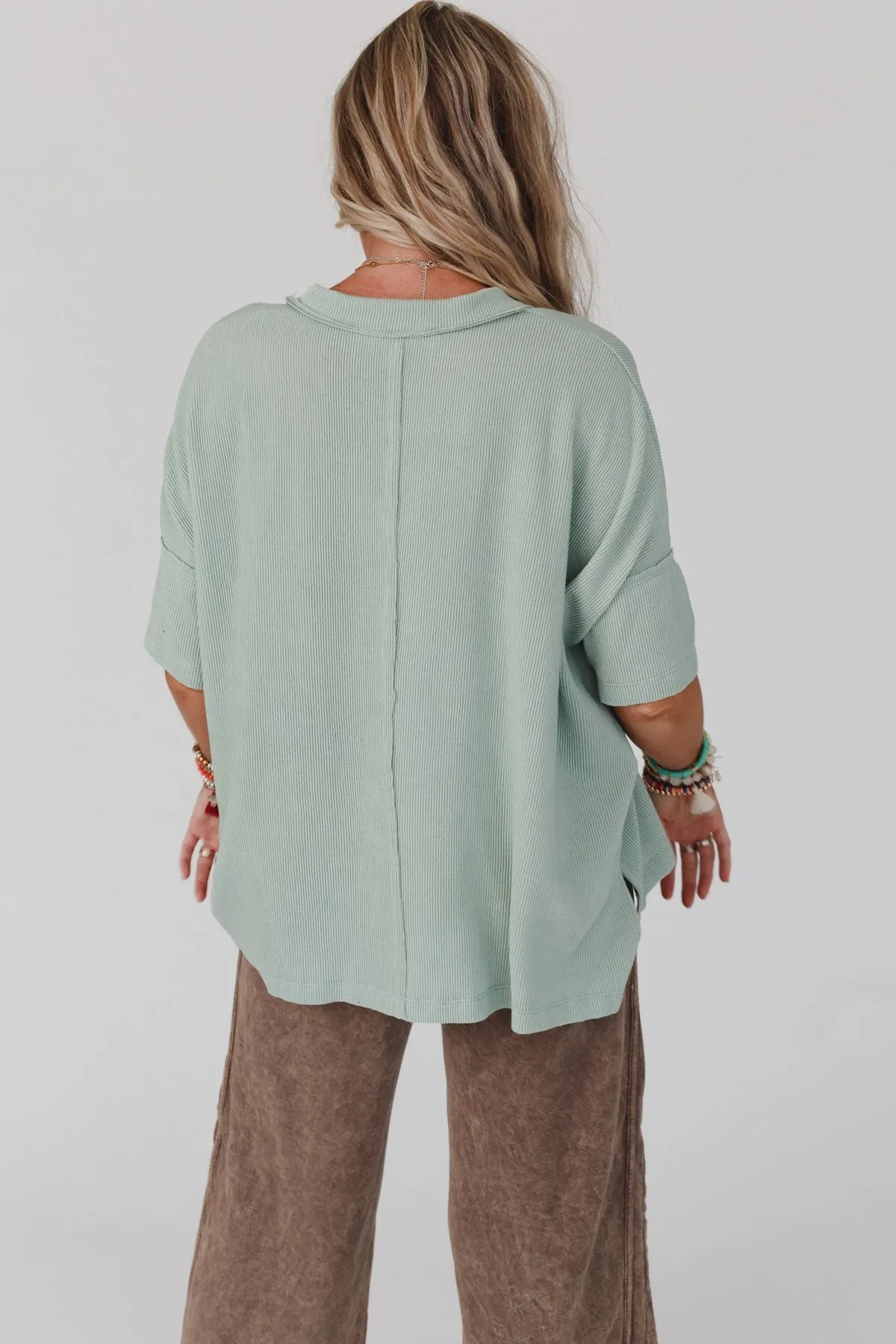 The Nest On The Go V Neck Ribbed Essential Tee - Sage