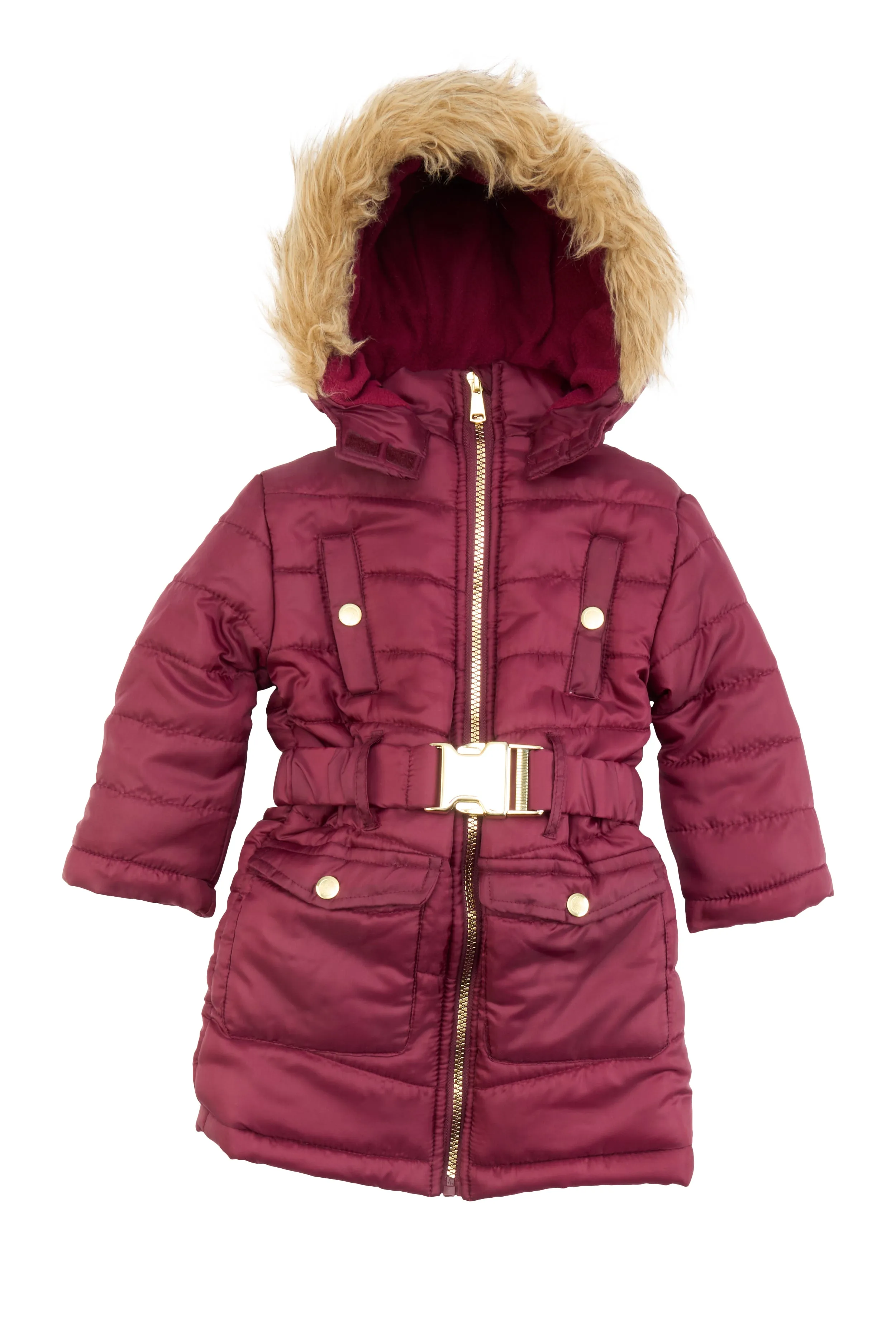 Toddler Girls Faux Fur Hooded Cargo Puffer Jacket