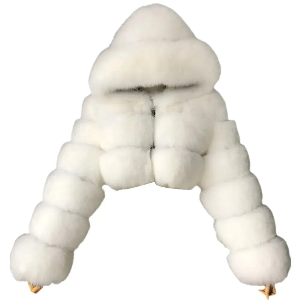 Trendy Cropped Puffy Faux Fur Hooded  Coat