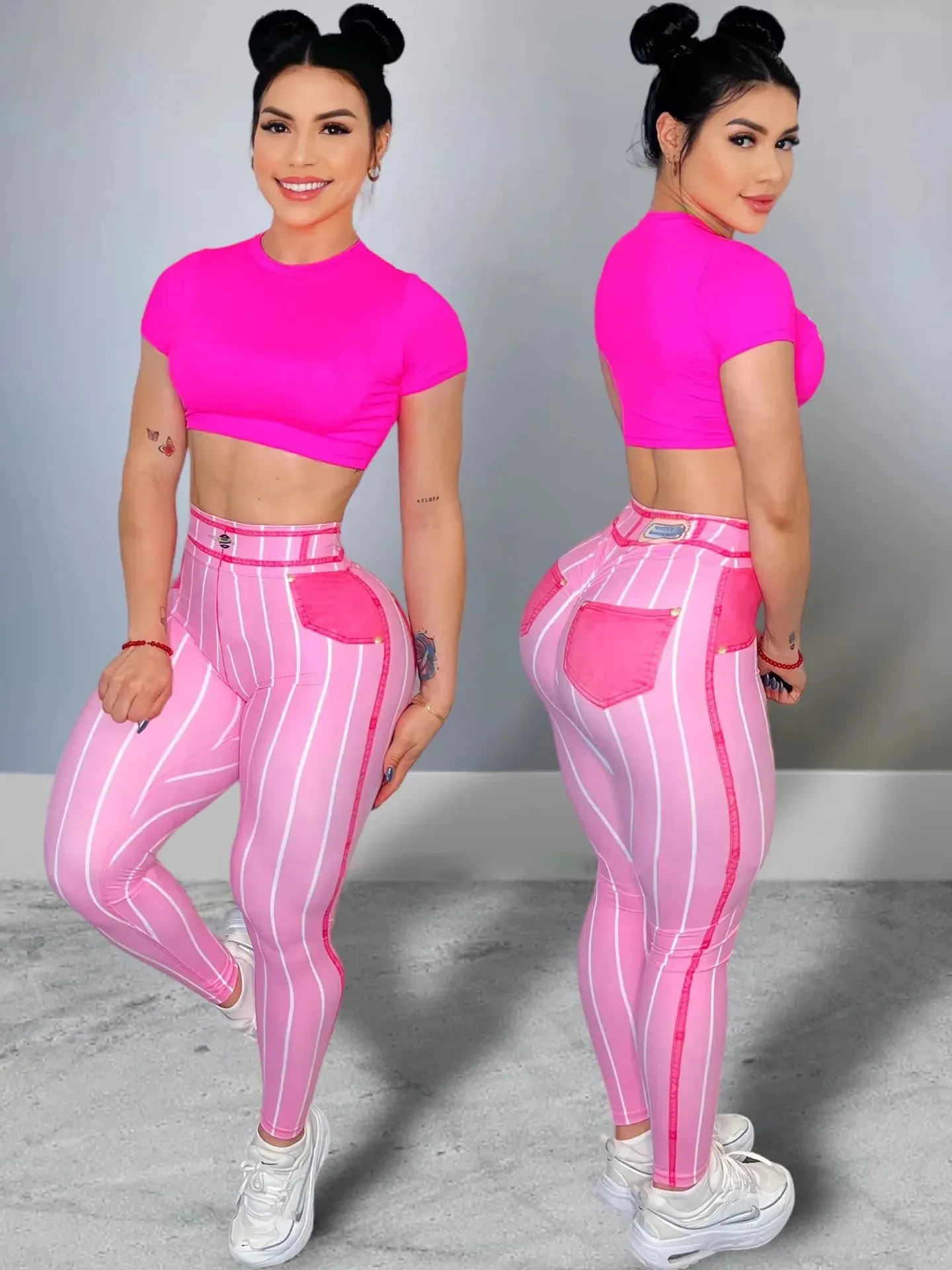 Trendy High Waist Stripe Print Yoga Leggings