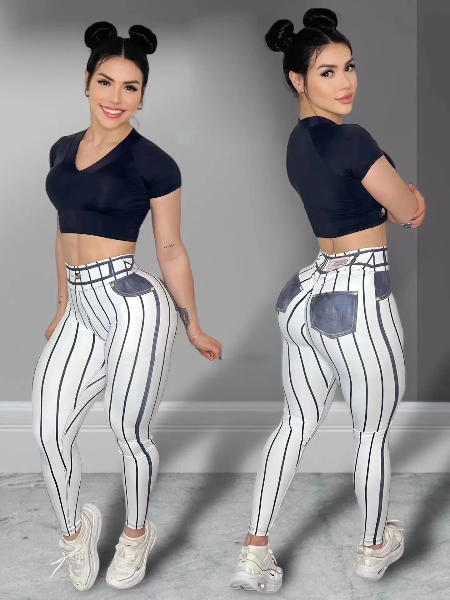 Trendy High Waist Stripe Print Yoga Leggings