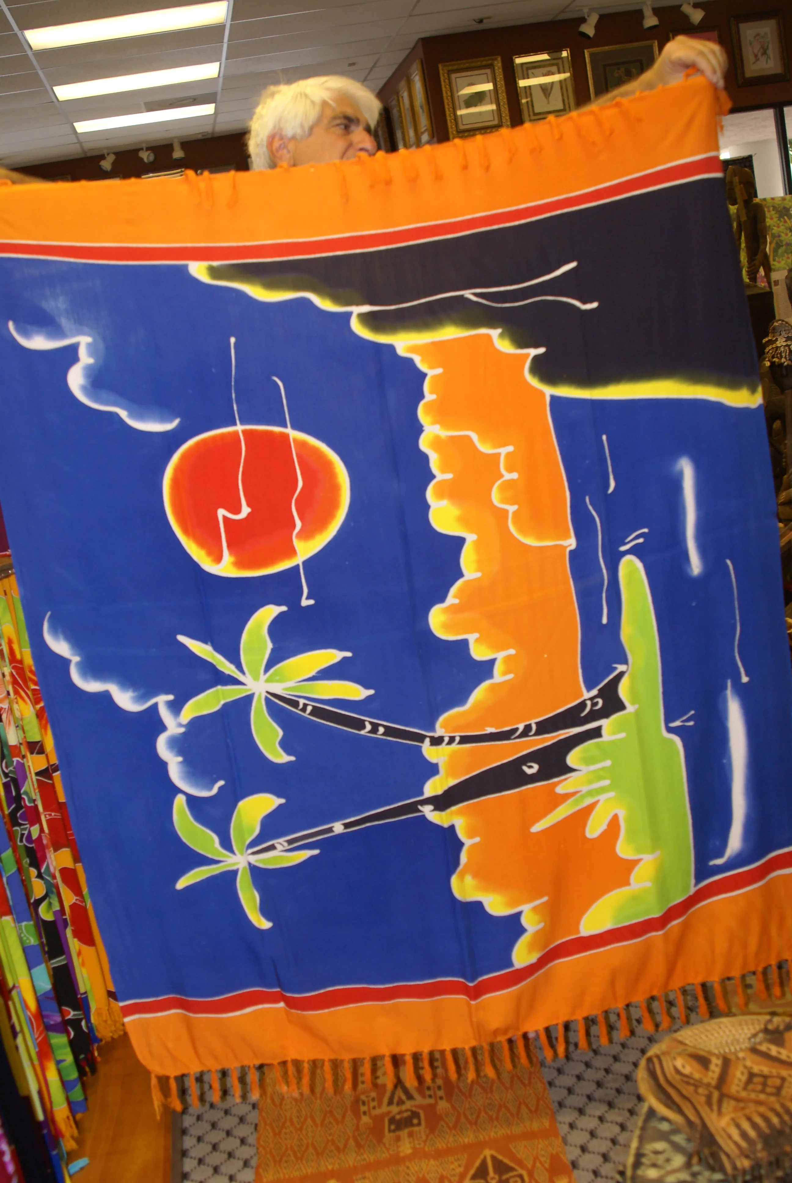 UNIQUE HIGH QUALITY COTTON HAND PAINTED TEXTILE FABRIC SARONG, VIBRANT COLORS, SUNSET IN BALI, MOTIFS OF PALM TREES AND BEACHES, 60” x 49” (no 14)