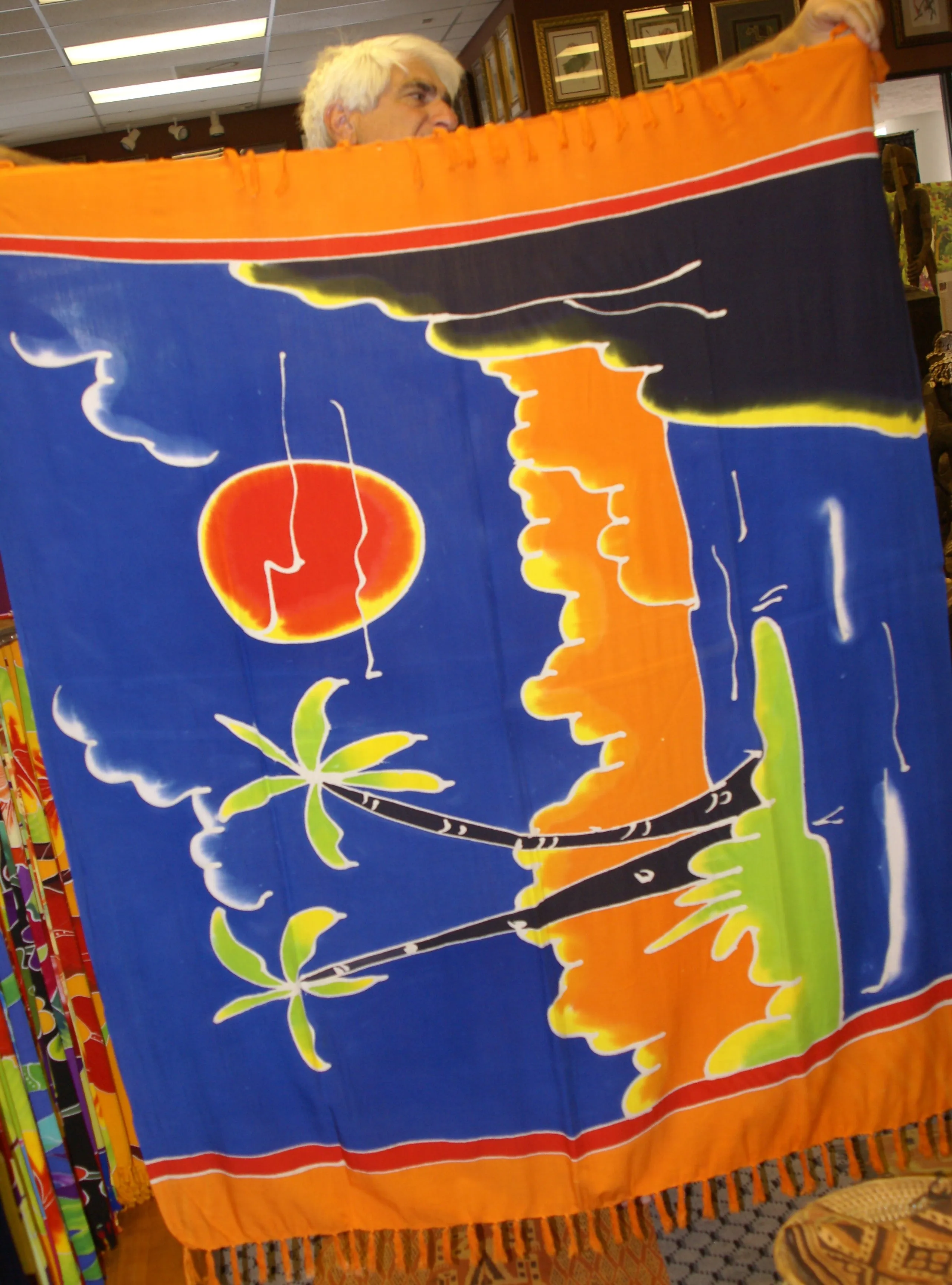 UNIQUE HIGH QUALITY COTTON HAND PAINTED TEXTILE FABRIC SARONG, VIBRANT COLORS, SUNSET IN BALI, MOTIFS OF PALM TREES AND BEACHES, 60” x 49” (no 14)