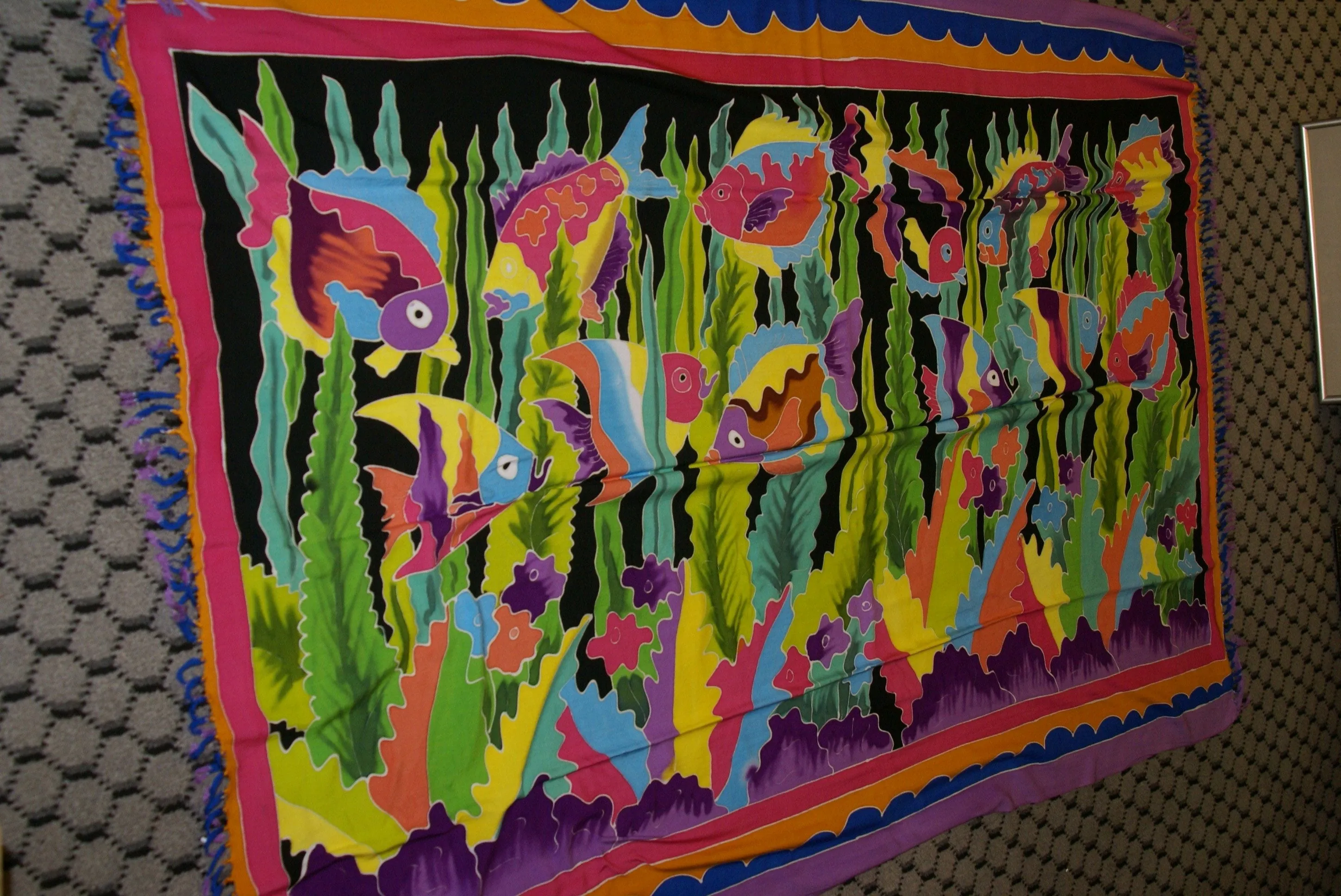 UNIQUE HIGH QUALITY HAND PAINTED TEXTILE FABRIC SARONG, SIGNED BY THE ARTIST. VIBRANT COLORS & VERY DETAILED MOTIFS OF FISH & AQUATIC PLANTS, 70” x 48” (no 25G)