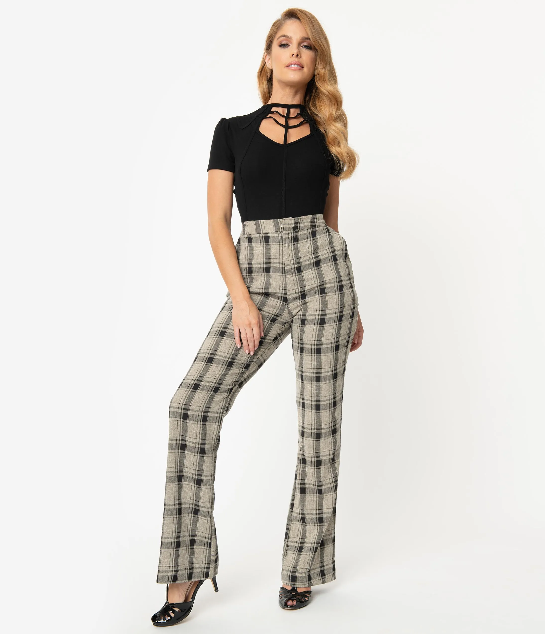 Unique Vintage Grey Plaid High Waist Dawn Pants