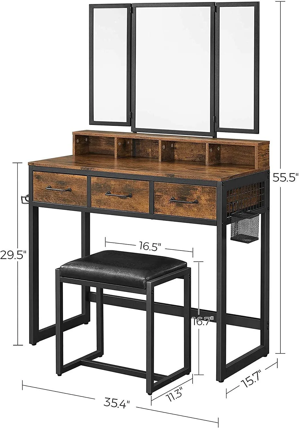 Vanity Table with Upholstered Stool Set, Dressing Table Desk, Makeup Table with Tri-Fold Mirror