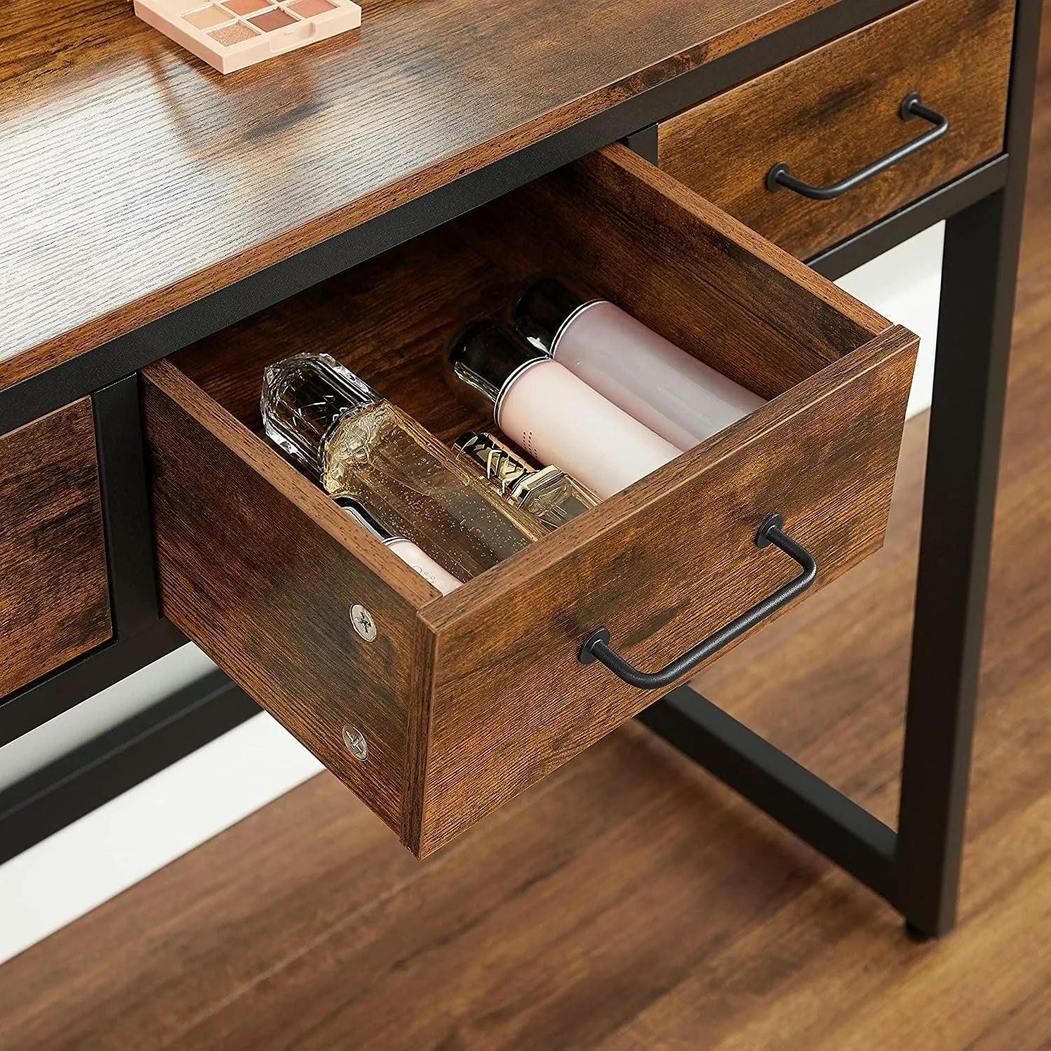 Vanity Table with Upholstered Stool Set, Dressing Table Desk, Makeup Table with Tri-Fold Mirror