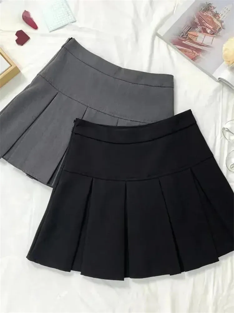 Vintage Gray Pleated Skirt Women Kawaii