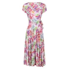 White Floral Print Cap Sleeve Crossover V Neck Wrap Top Swing Dress