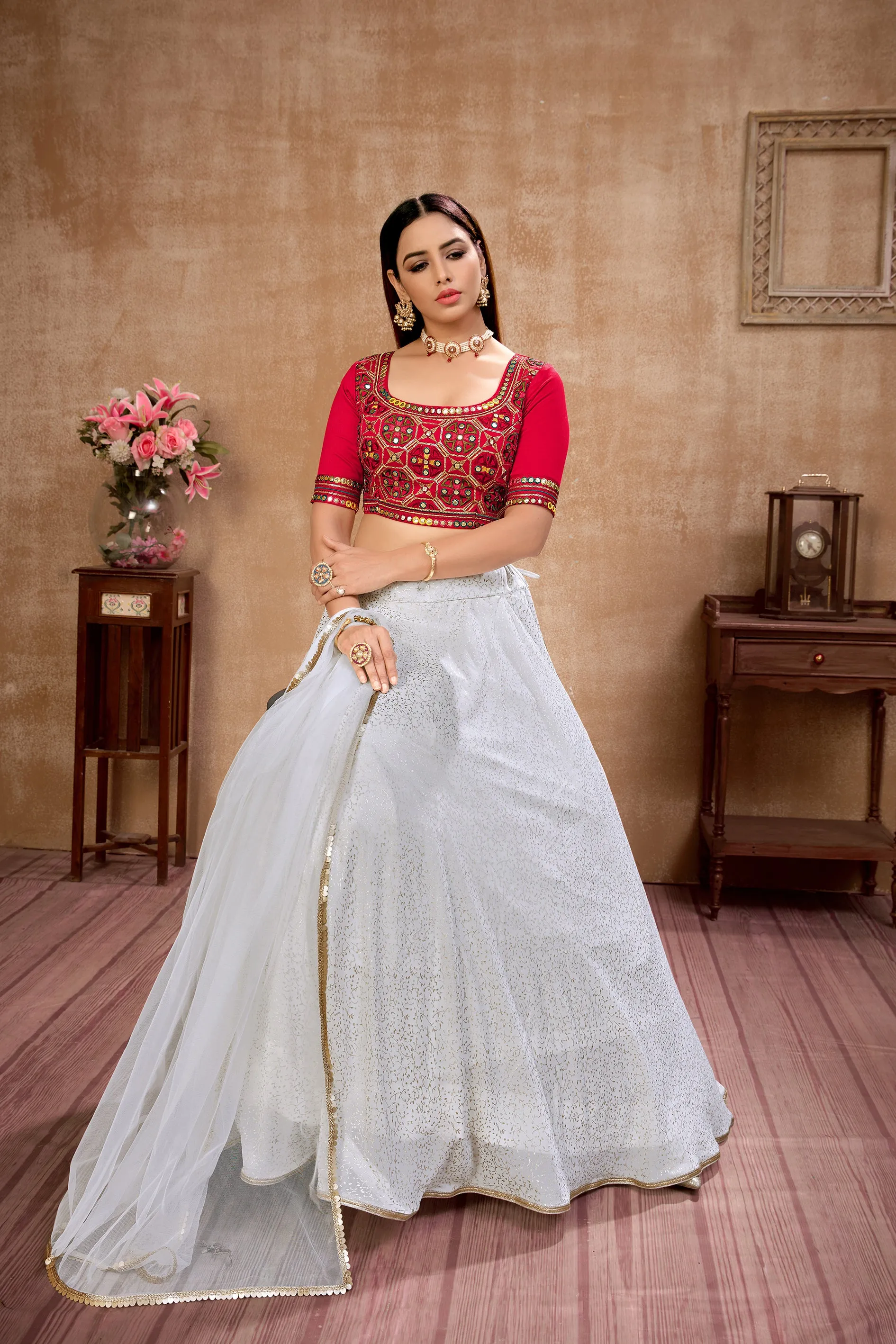 White Foil Print Georgette Wedding Wear Lehenga Choli