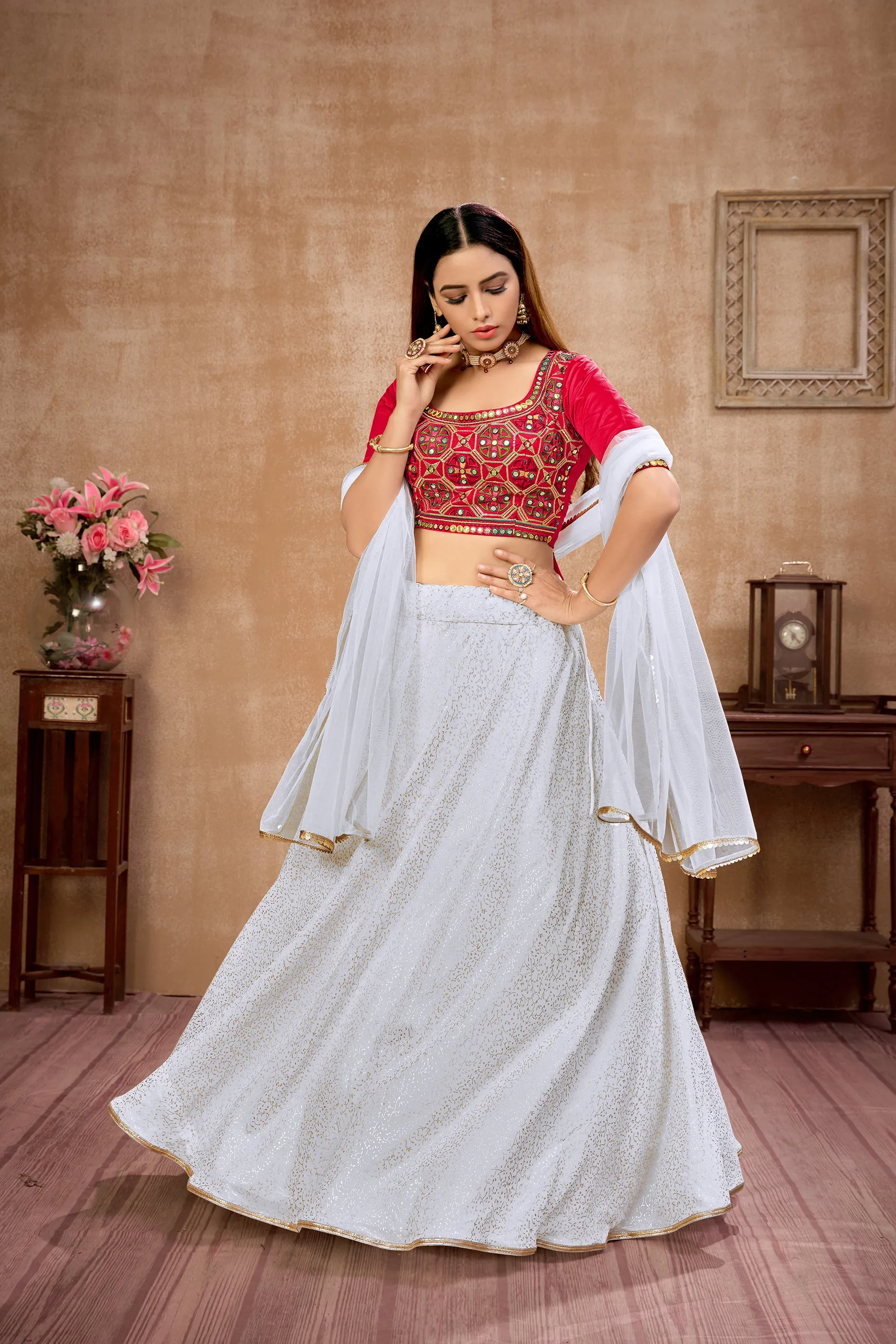 White Foil Print Georgette Wedding Wear Lehenga Choli