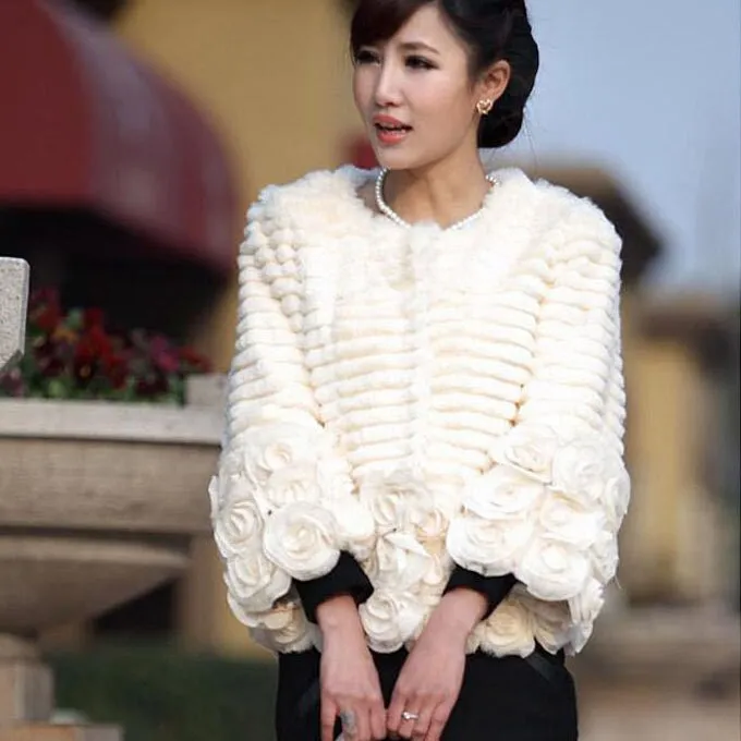 Women Genuine Rabbit Fur Coat Flower Decoration Overcoat Jacket 010131