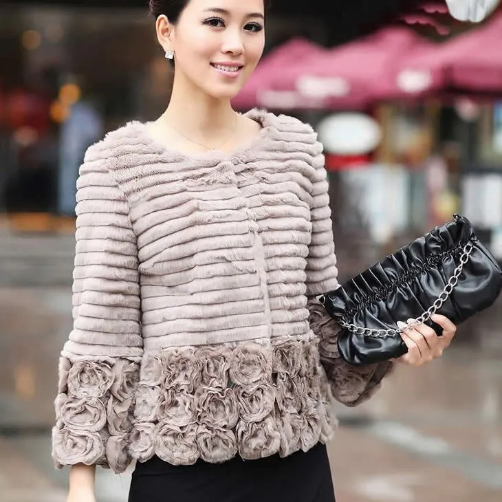 Women Genuine Rabbit Fur Coat Flower Decoration Overcoat Jacket 010131