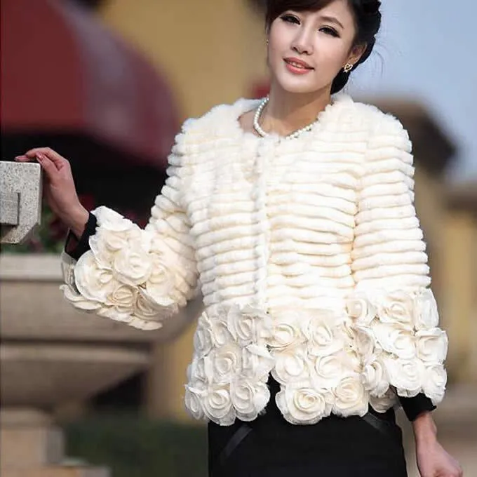 Women Genuine Rabbit Fur Coat Flower Decoration Overcoat Jacket 010131