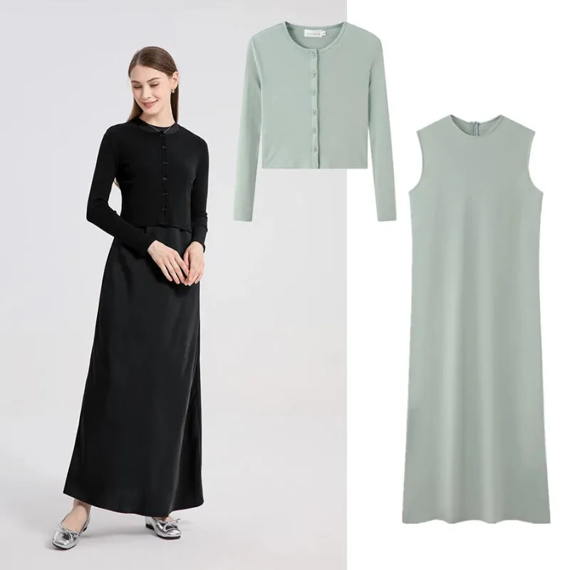 Women's Closed-fit Wrap Tops and Maxi Dress Matching Sets