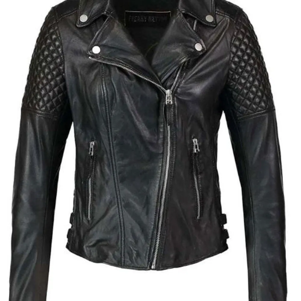 Womens Diamond Quilted Motorbike Black Leather Jacket