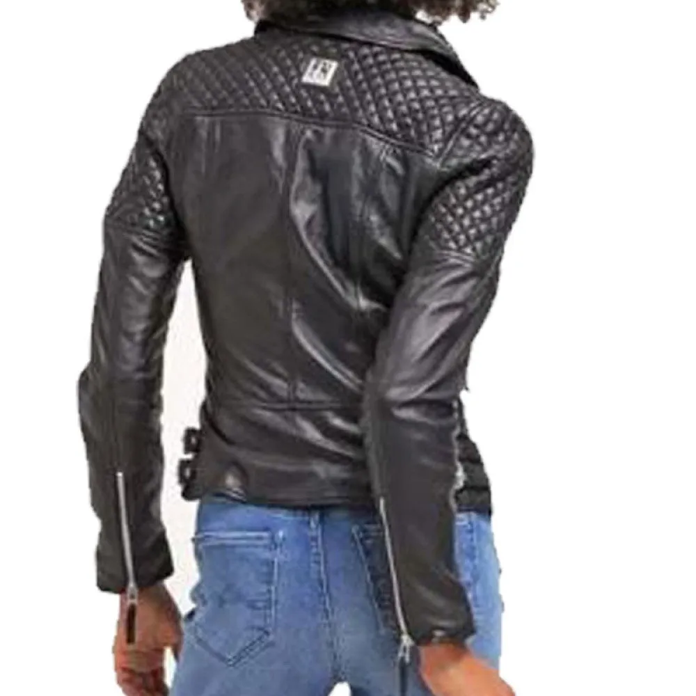 Womens Diamond Quilted Motorbike Black Leather Jacket