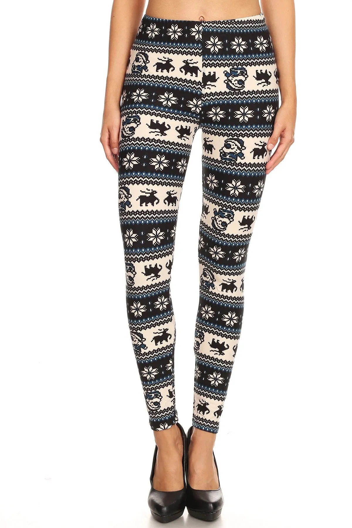 Women's Plus B&W Santa Reindeer Fair Isle Pattern Printed Leggings