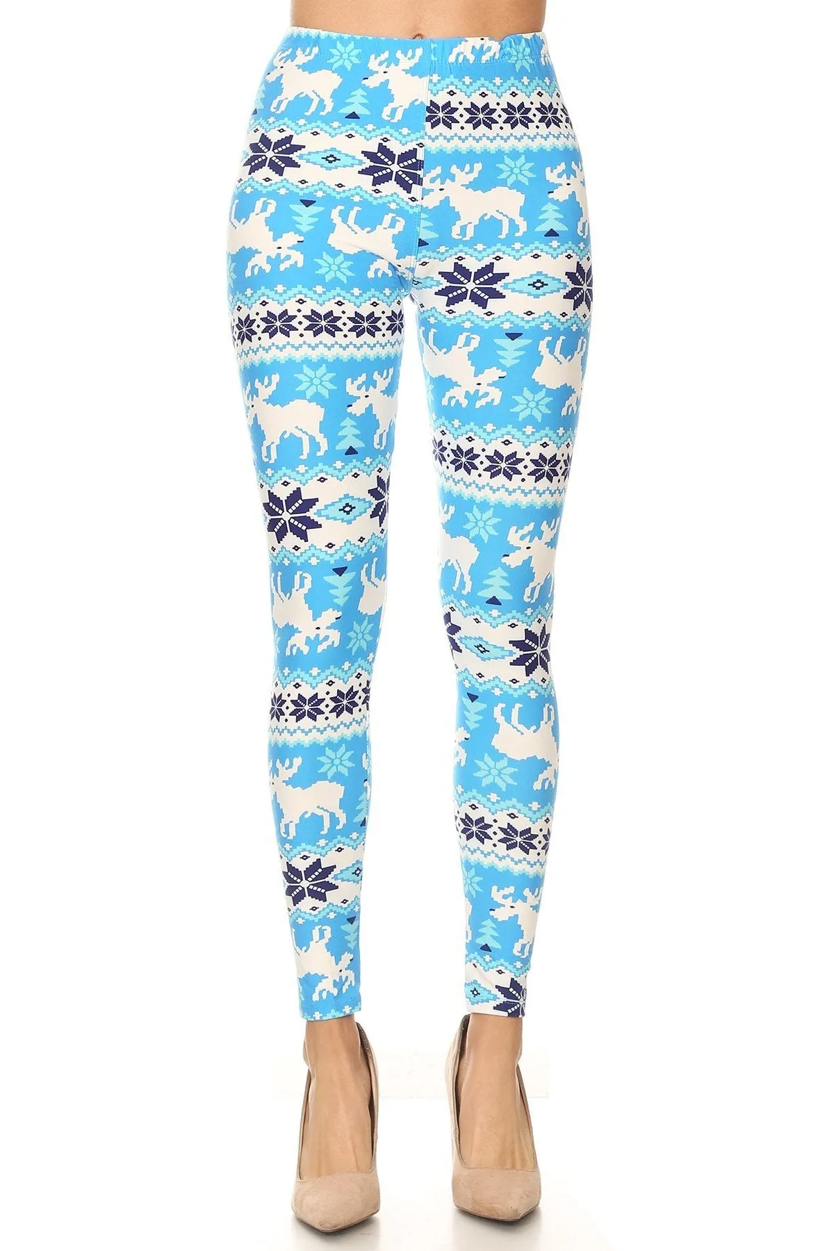 Women's Plus Christmas Blue White Reindeer Pattern Printed Leggings