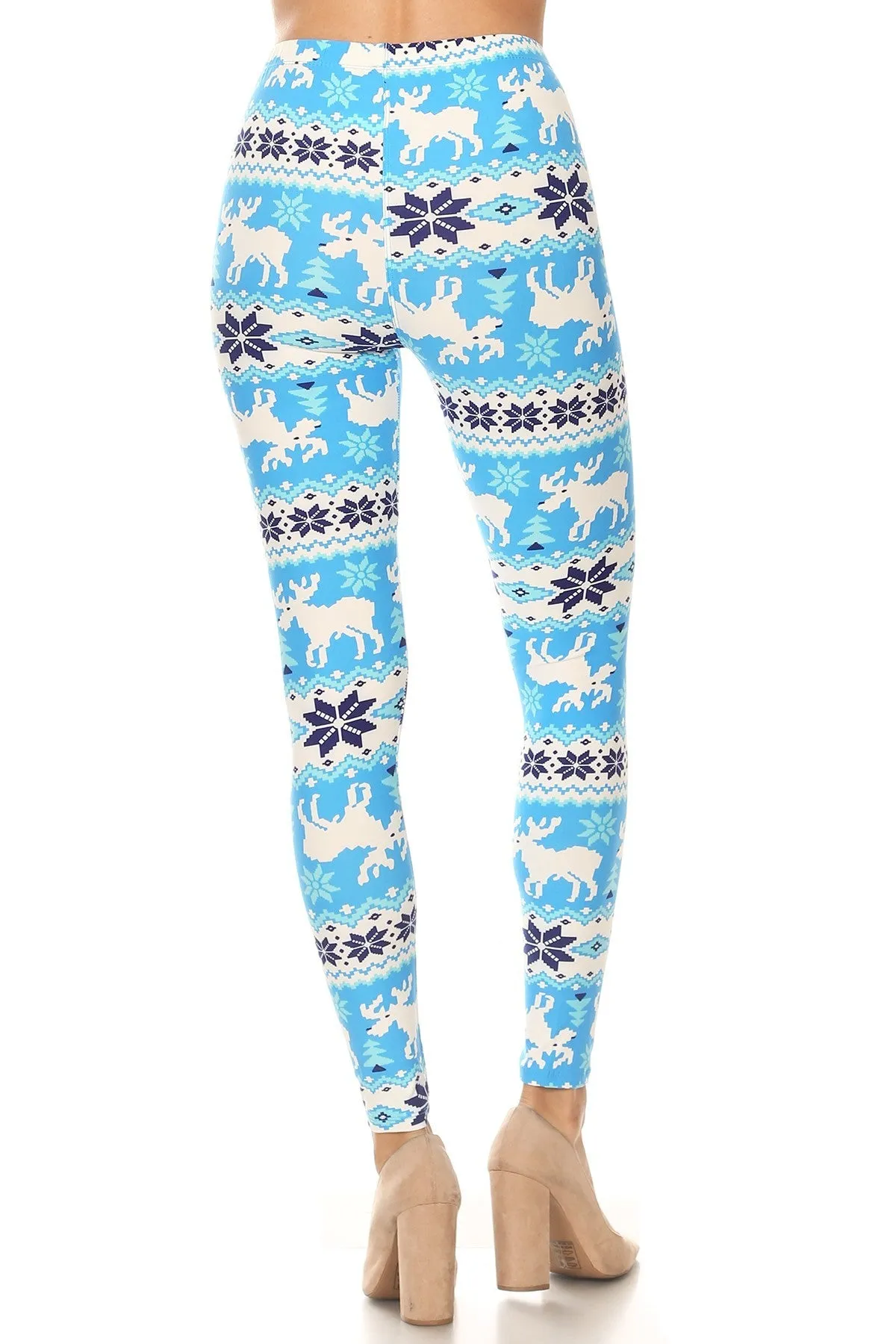 Women's Plus Christmas Blue White Reindeer Pattern Printed Leggings