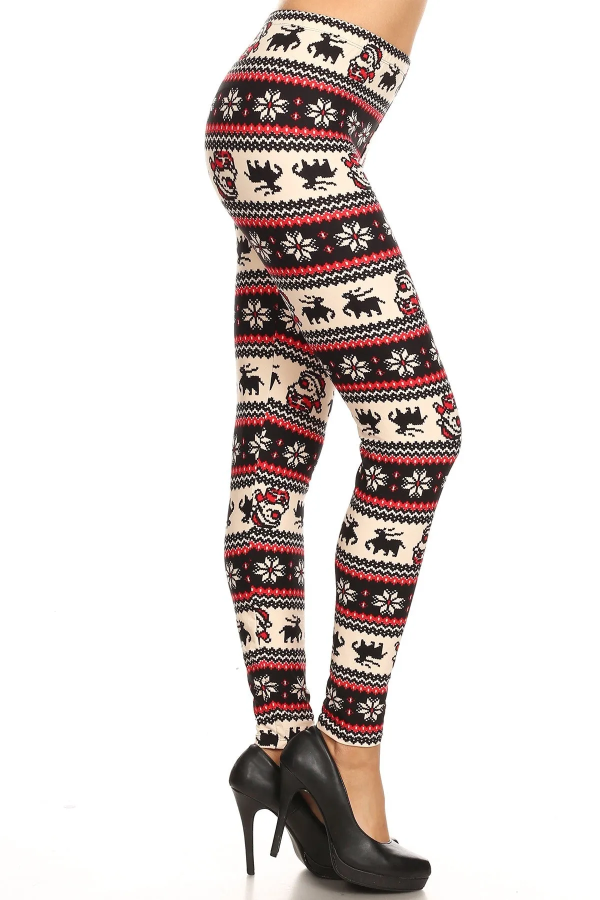 Women's Plus Colorful Santa Reindeer Fair Isle Pattern Printed Leggings