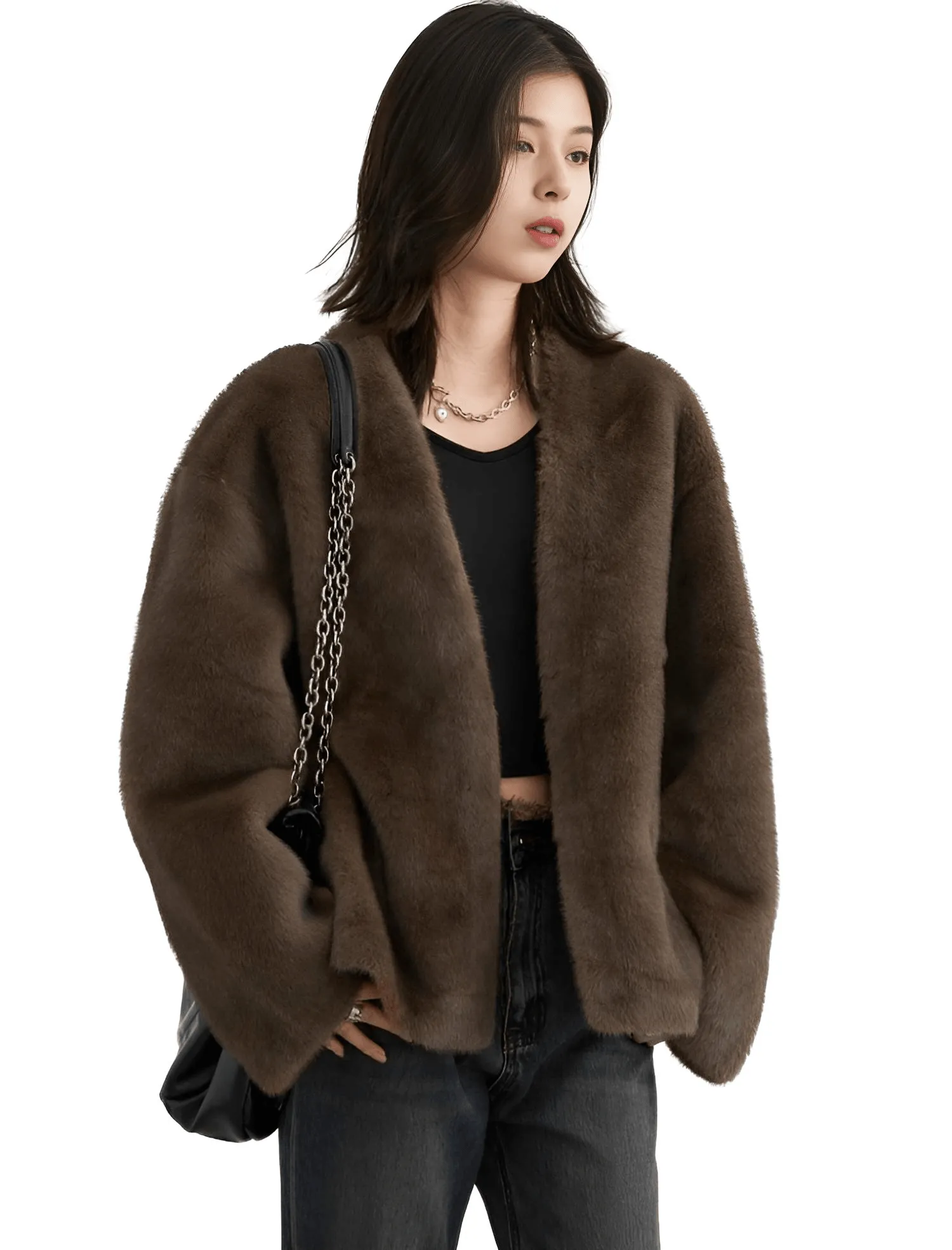 Women's Plush Jacket Loose Casual Solid Overcoat Female Coat V-Neck Woman Outerwear Autumn Winter