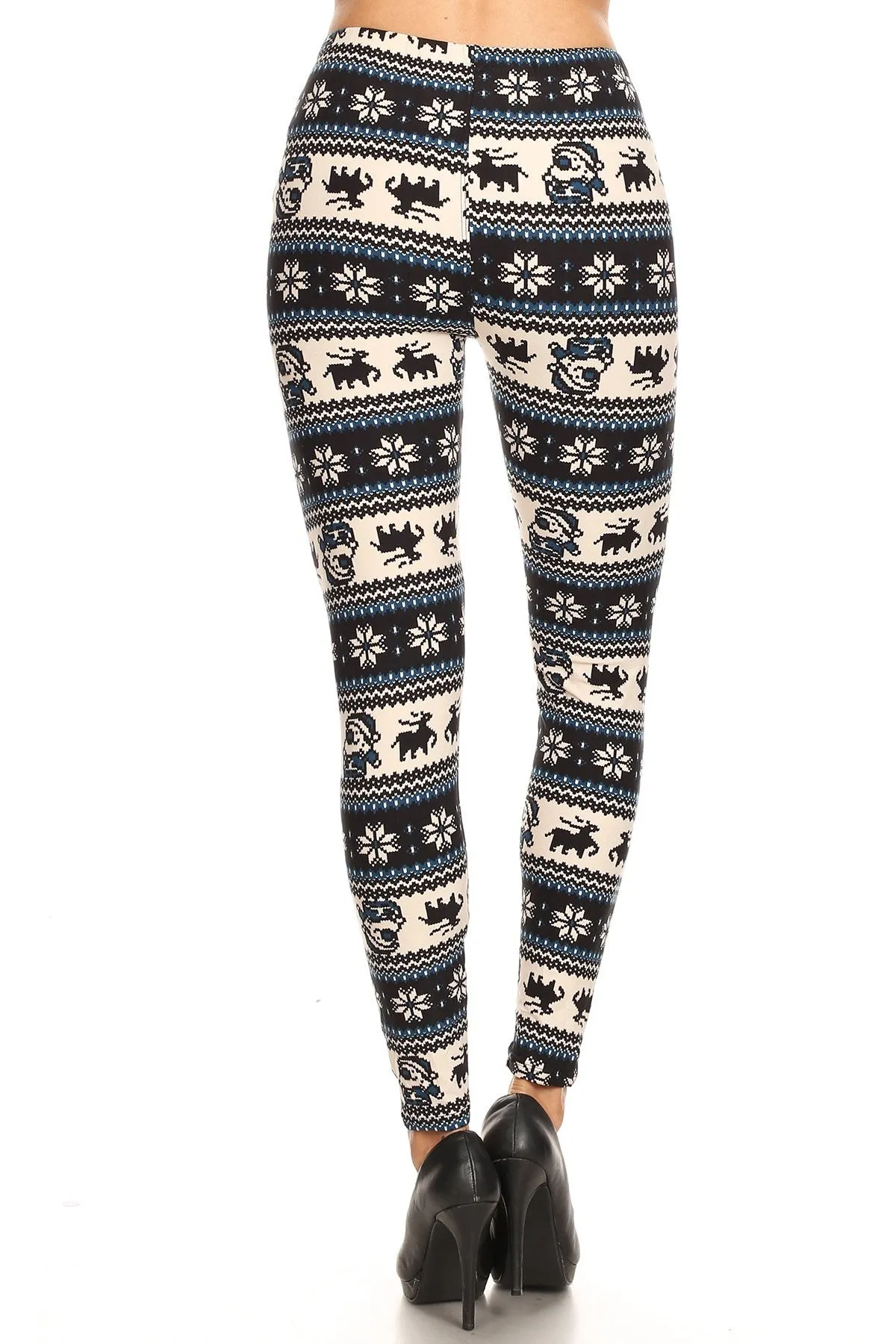 Women's Regular B&W Santa Reindeer Fair Isle Pattern Printed Leggings