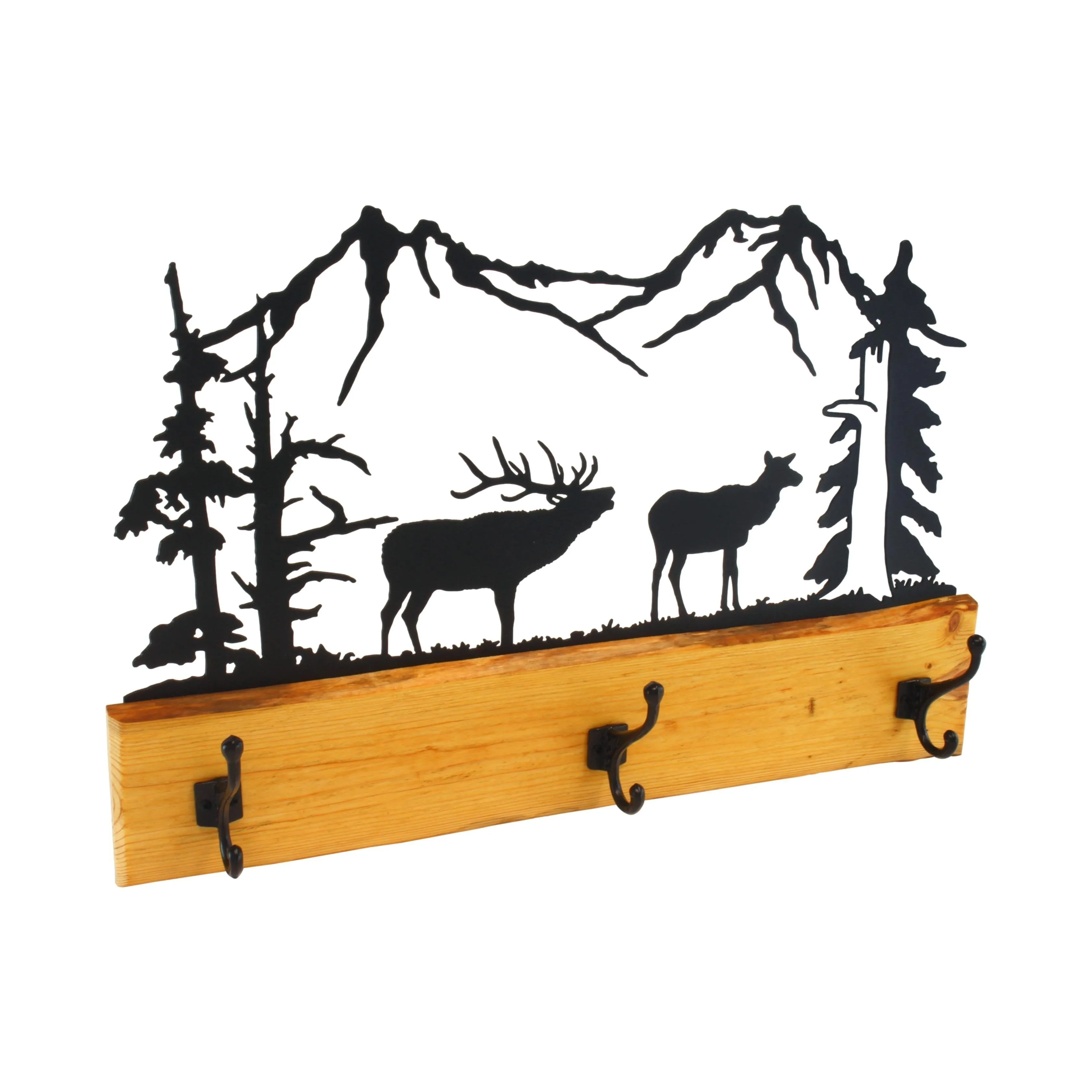 Wood and Metal Coat Rack With 3 Hooks and Rustic Metal Art Silhouette Bear, Deer, or Elk