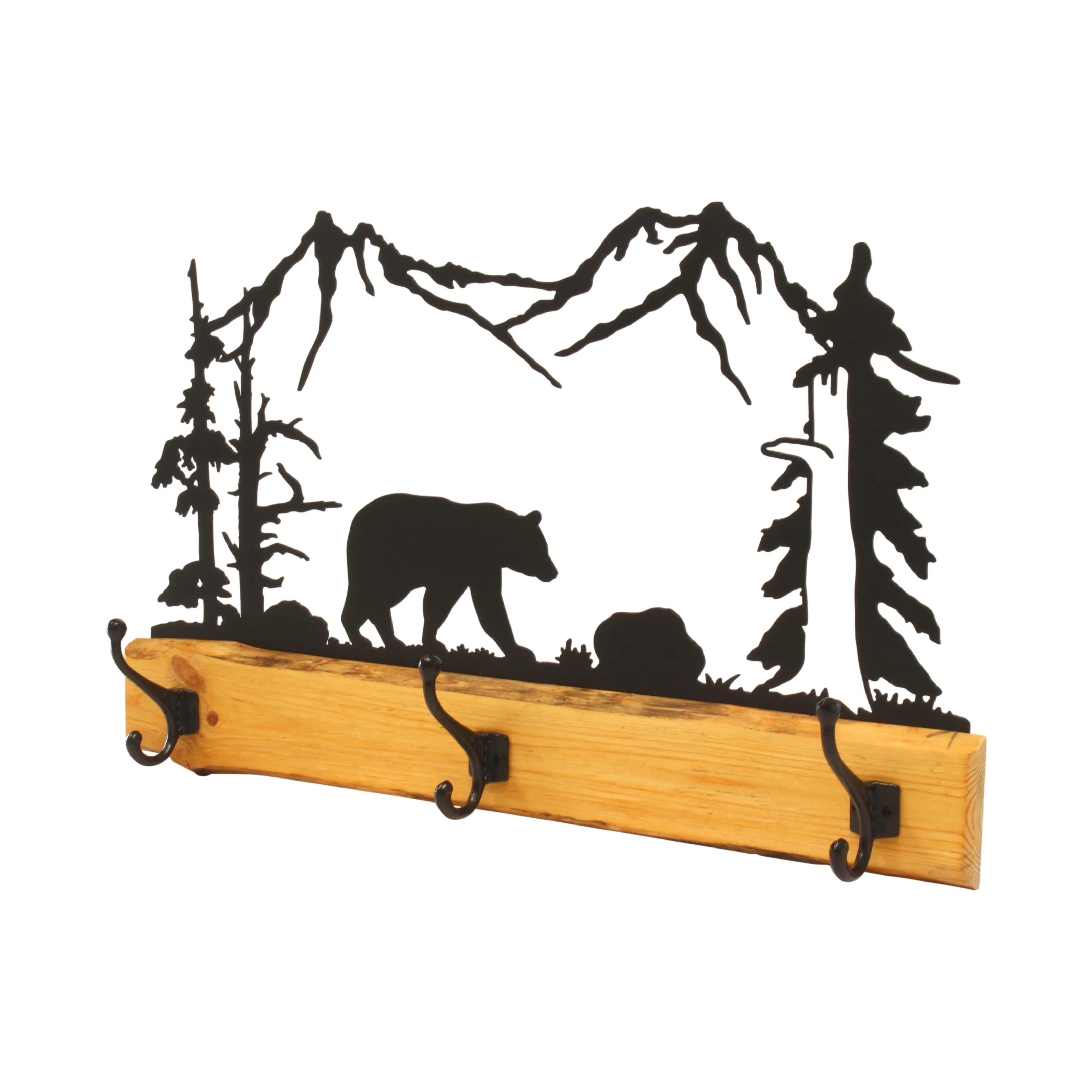 Wood and Metal Coat Rack With 3 Hooks and Rustic Metal Art Silhouette Bear, Deer, or Elk